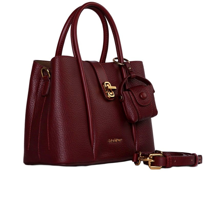 Levidor Bordo  Omuz ve El Çantası Kilit Detaylı Mini Cüzdanlı