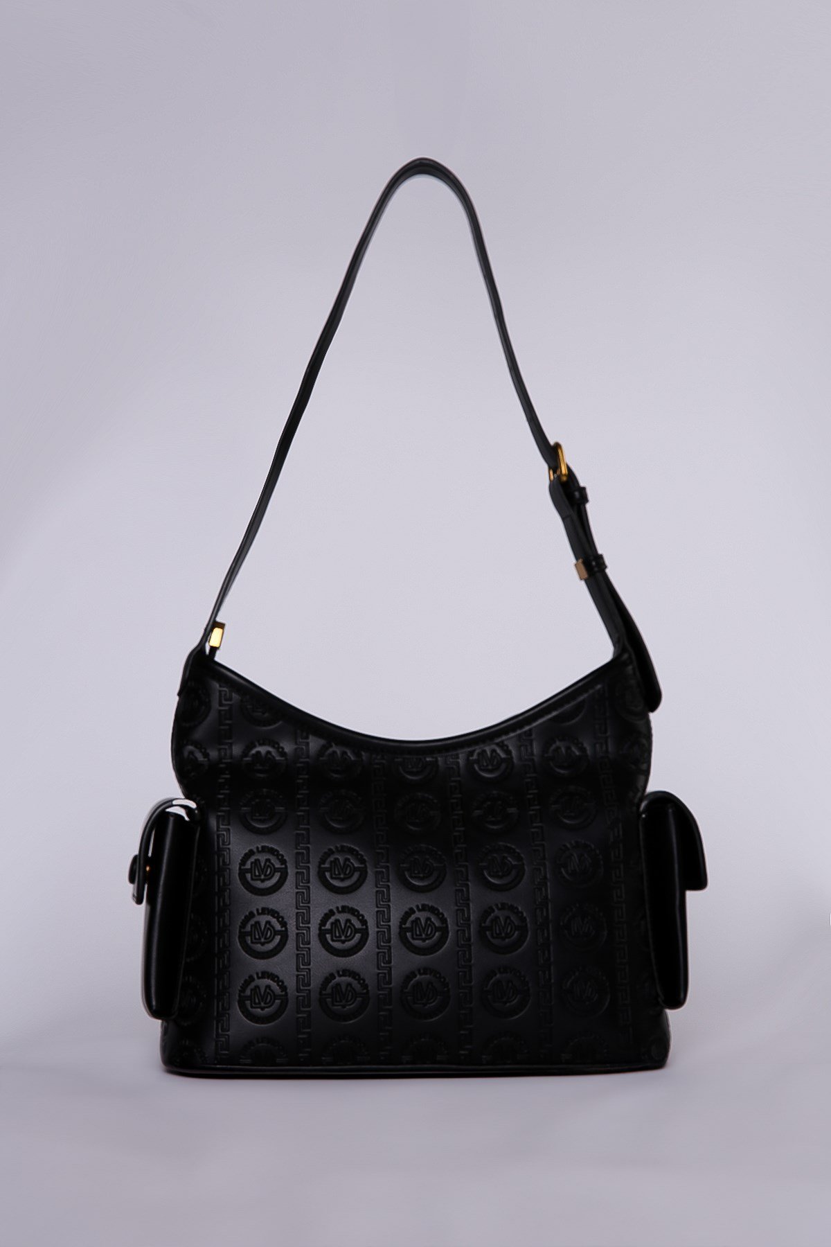 Levidor Siyah  Monogram Desenli Yan Cepli Hobo Omuz Çantası