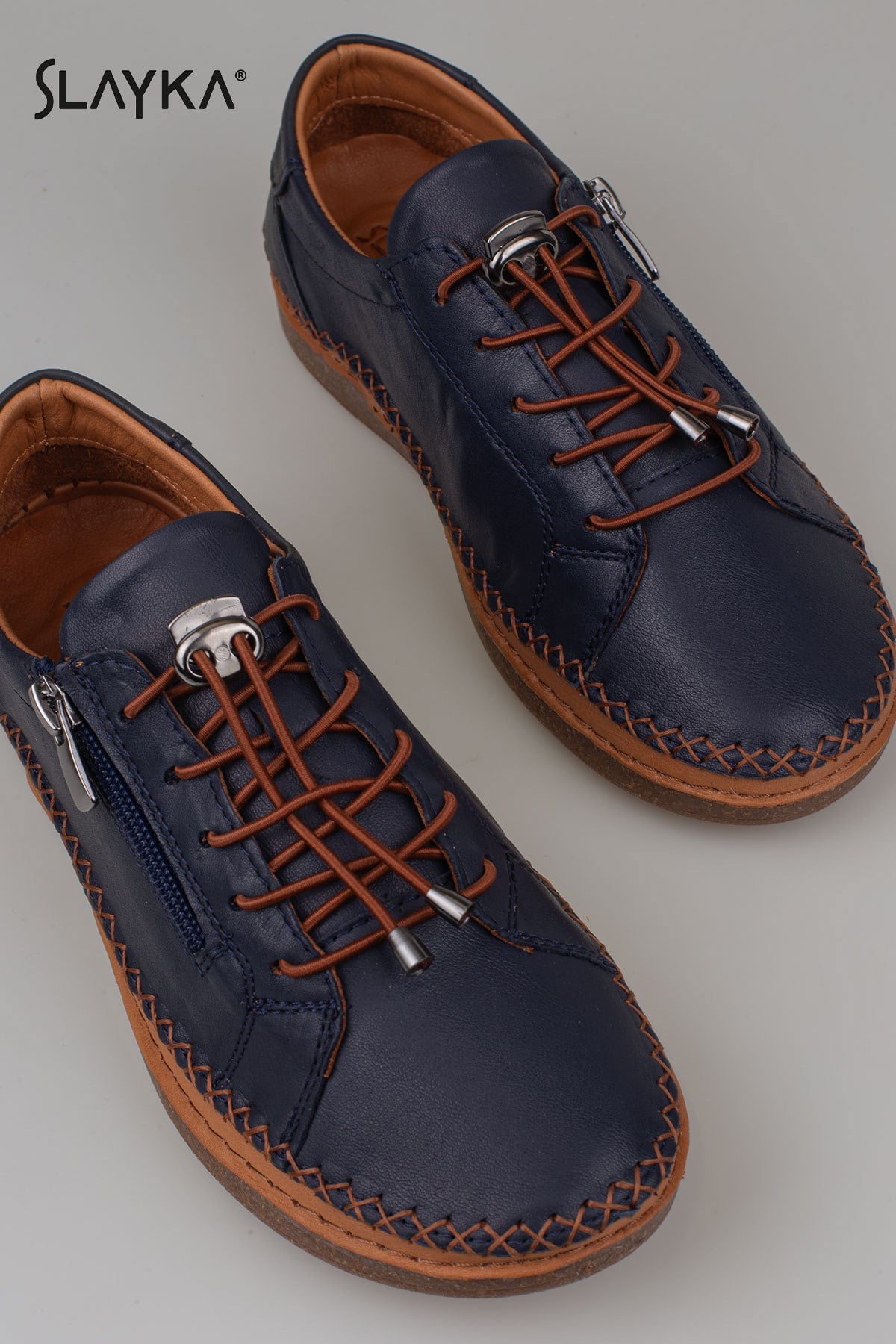 Slayka Lacivert  Heysa Hakiki Deri Kadın Casual Comfort Ayakkabı