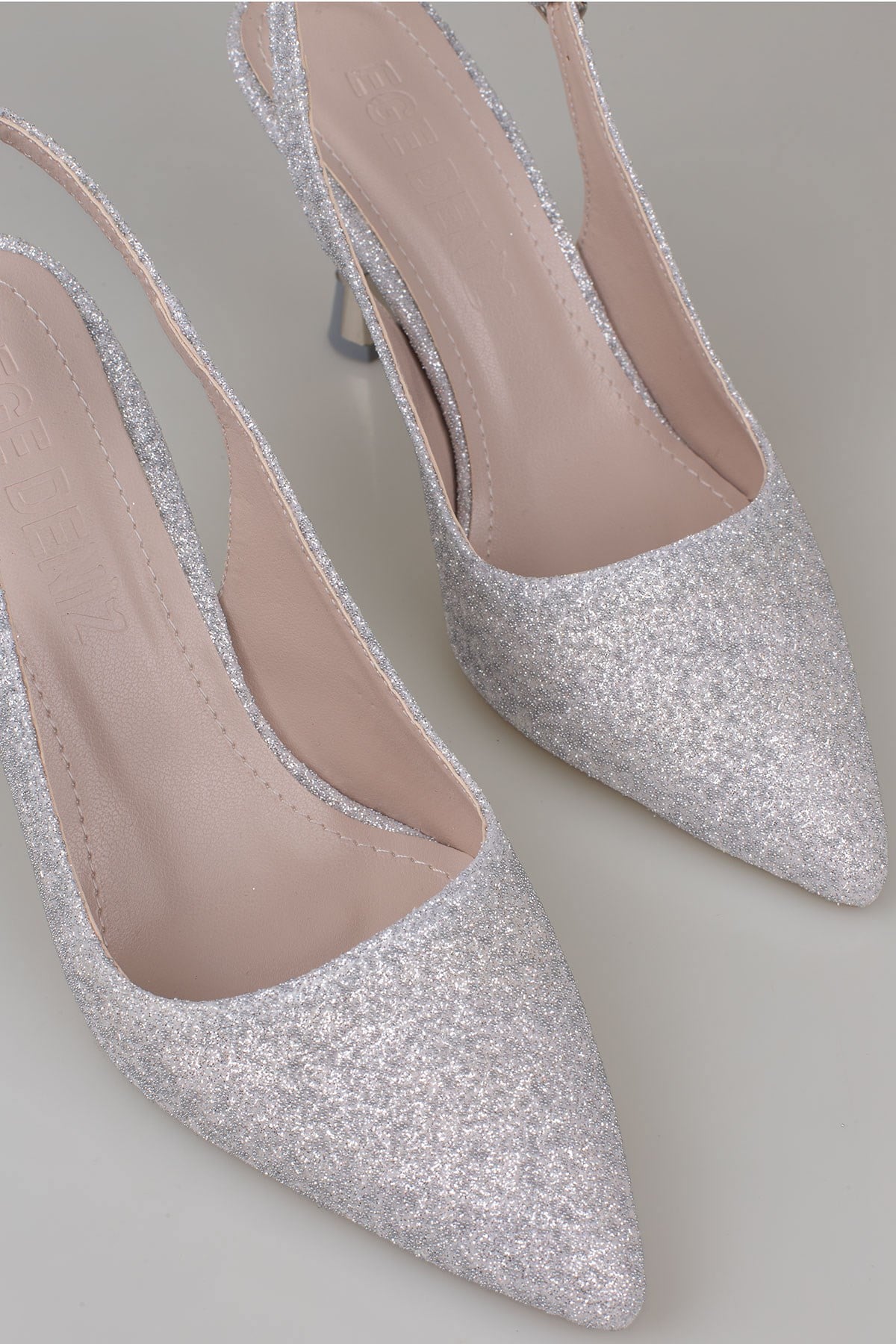 Trend Adımlar Gümüş  Kadın Simli Slingback Topuklu Ayakkabı