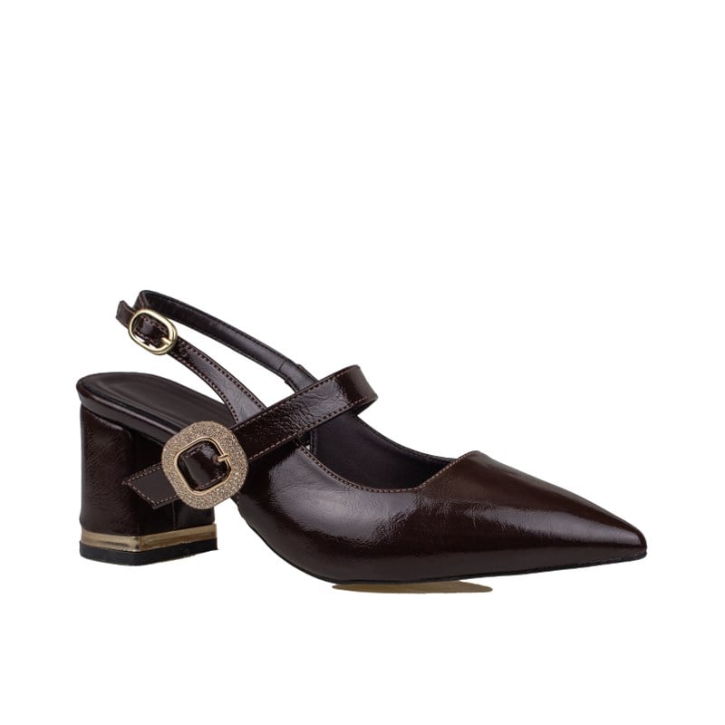Trend Adımlar Kahverengi  Kadın Slingback Topuklu Taş Tokalı Ayakkabı