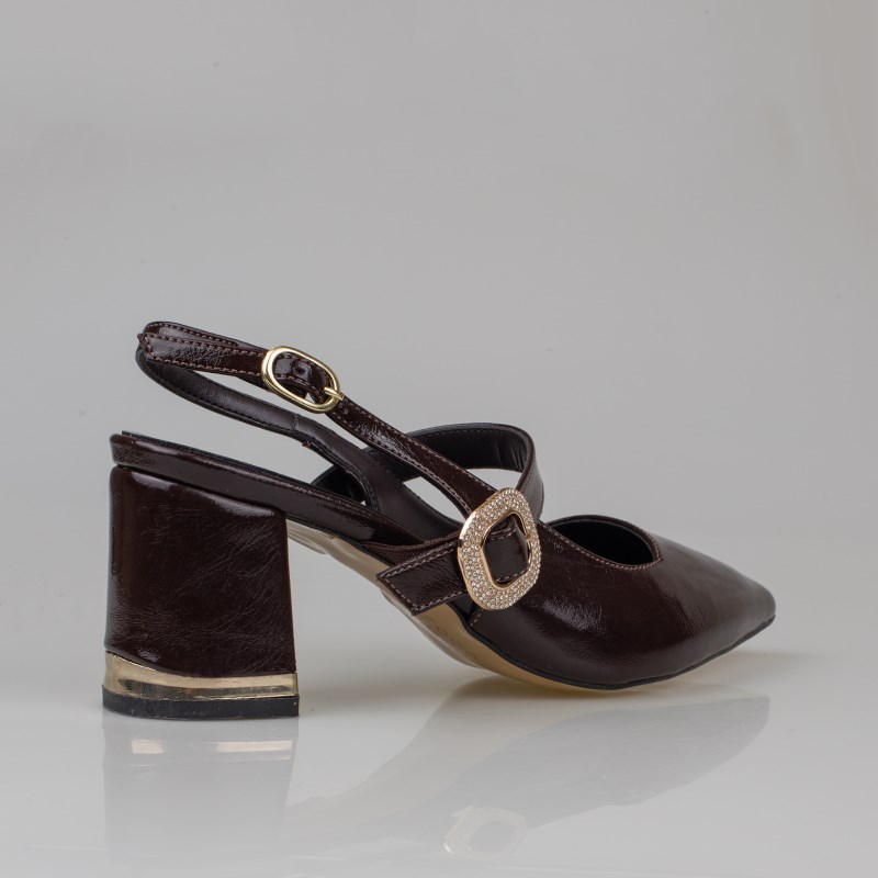 Trend Adımlar Kahverengi  Kadın Slingback Topuklu Taş Tokalı Ayakkabı
