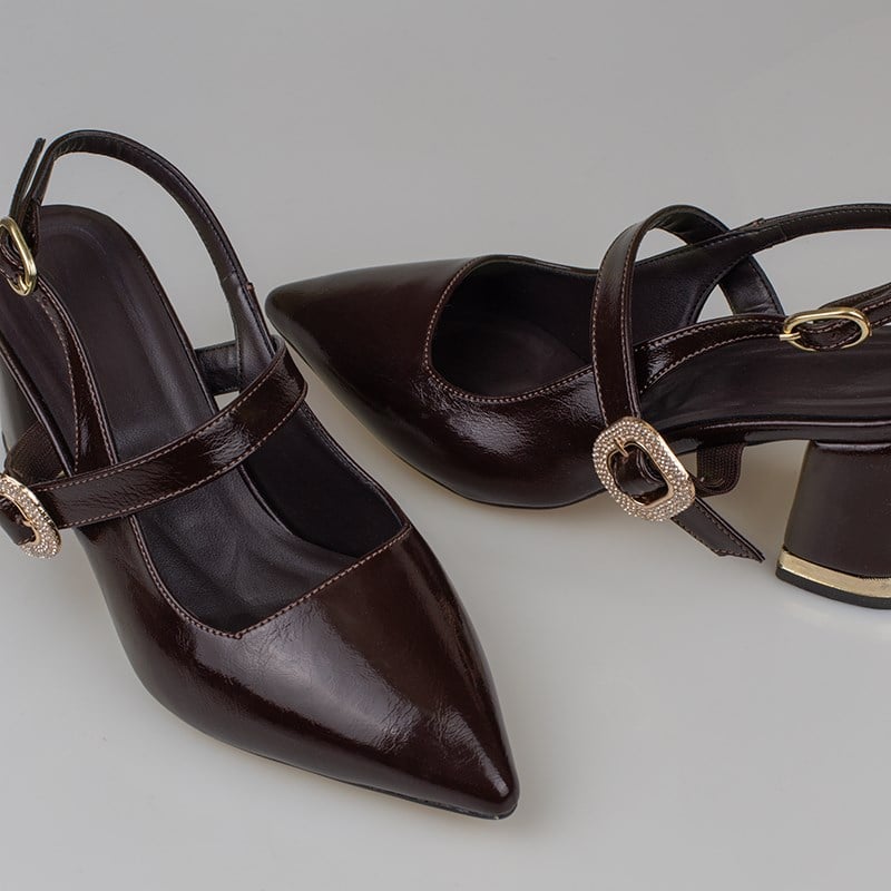 Trend Adımlar Kahverengi  Kadın Slingback Topuklu Taş Tokalı Ayakkabı