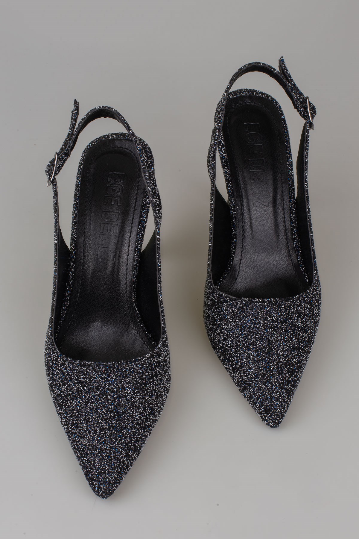 Trend Adımlar Siyah  Kadın Simli Slingback Topuklu Ayakkabı