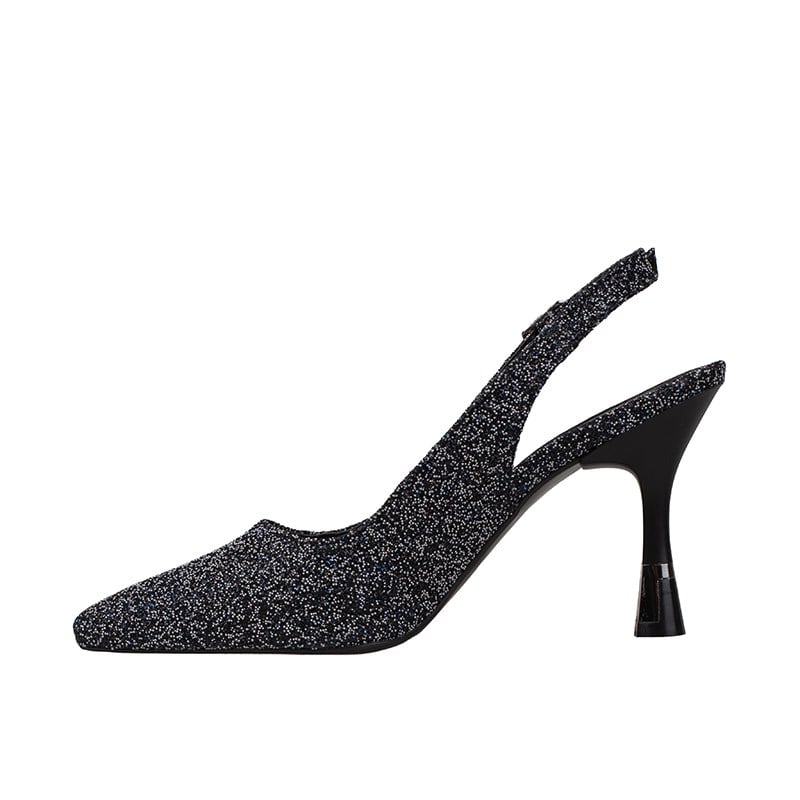 Trend Adımlar Siyah  Kadın Simli Slingback Topuklu Ayakkabı