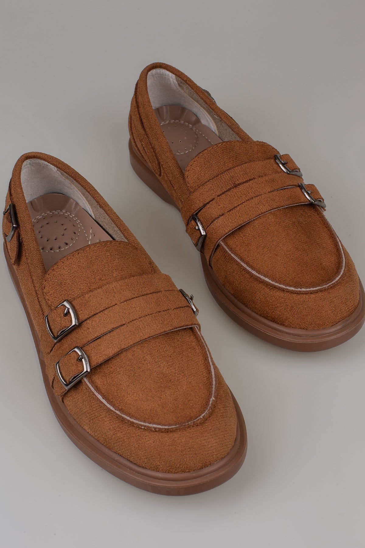 Trend Adımlar Taba  Kadın Günlük Çift Tokalı Loafer Süet Ayakkabı
