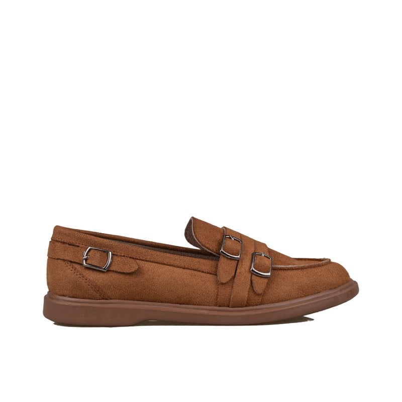 Trend Adımlar Taba  Kadın Günlük Çift Tokalı Loafer Süet Ayakkabı