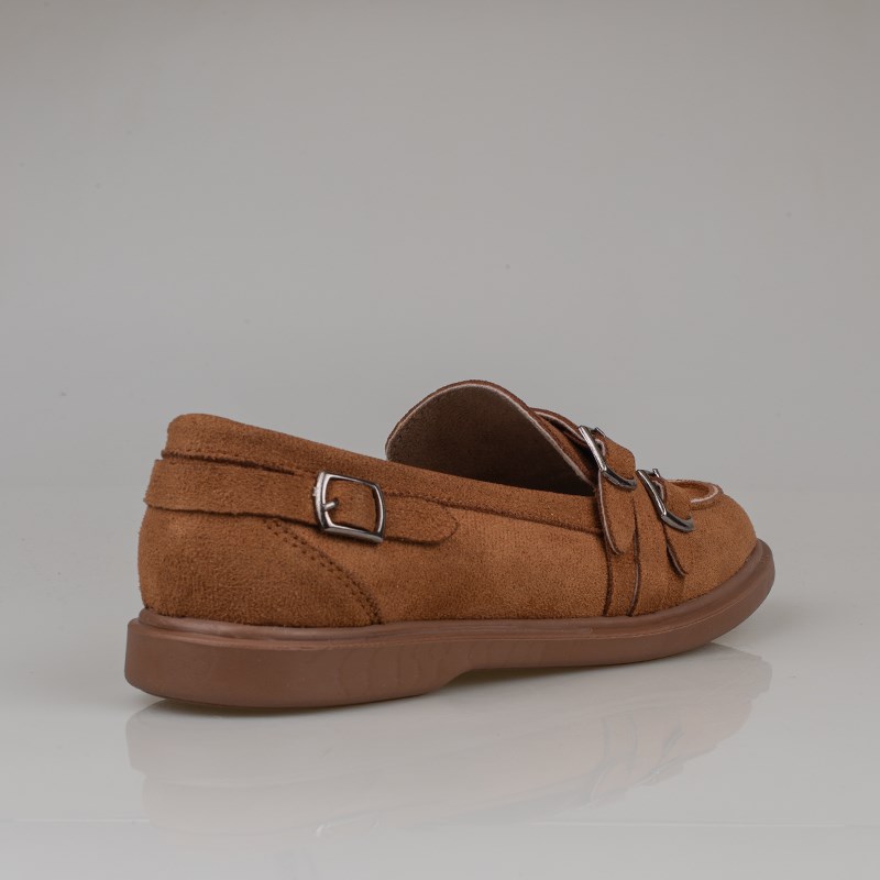 Trend Adımlar Taba  Kadın Günlük Çift Tokalı Loafer Süet Ayakkabı