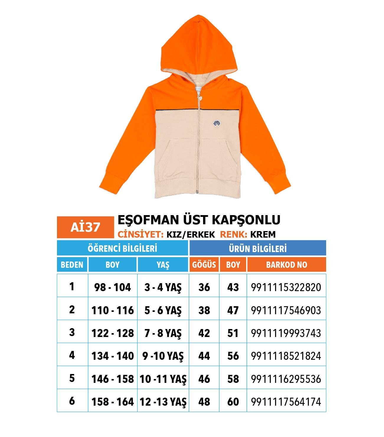 Ana-İlk Eşofman Üst/Krem Trncu/ Kapşonlu