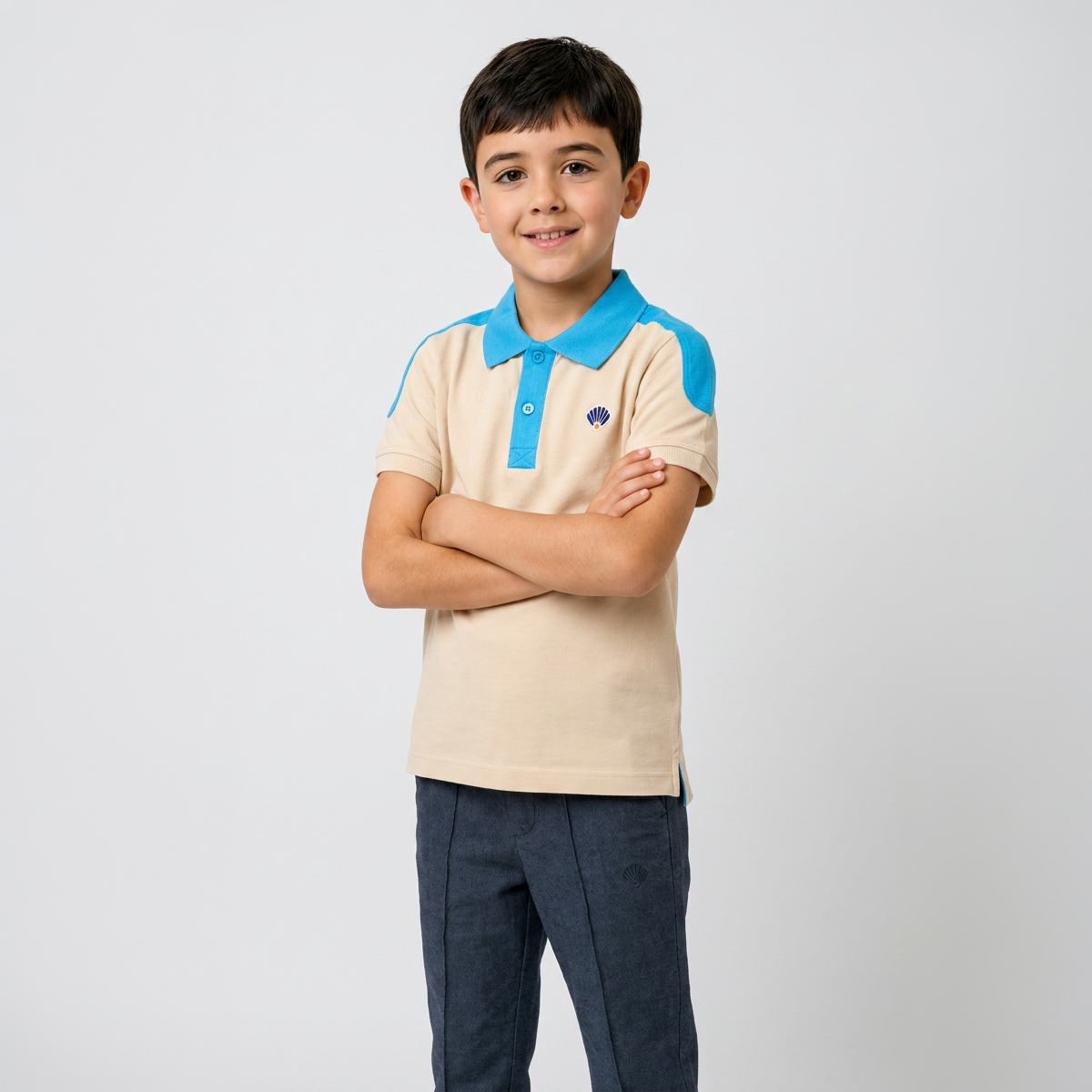 Ana-İlk Polo Tişört Kısa Kol/ Krem Mavi Yaka