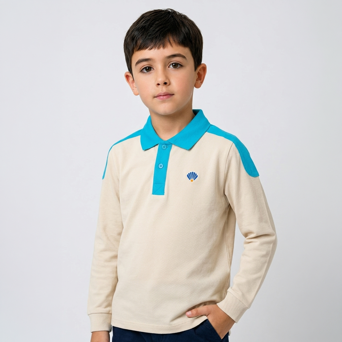 Ana-İlk Polo Tişört Uzun Kol/ Krem Mavi Yaka 