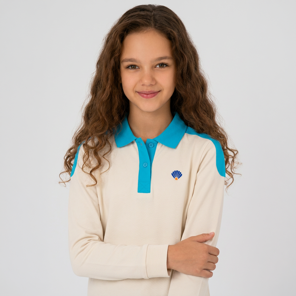 Ana-İlk Polo Tişört Uzun Kol/ Krem Mavi Yaka 