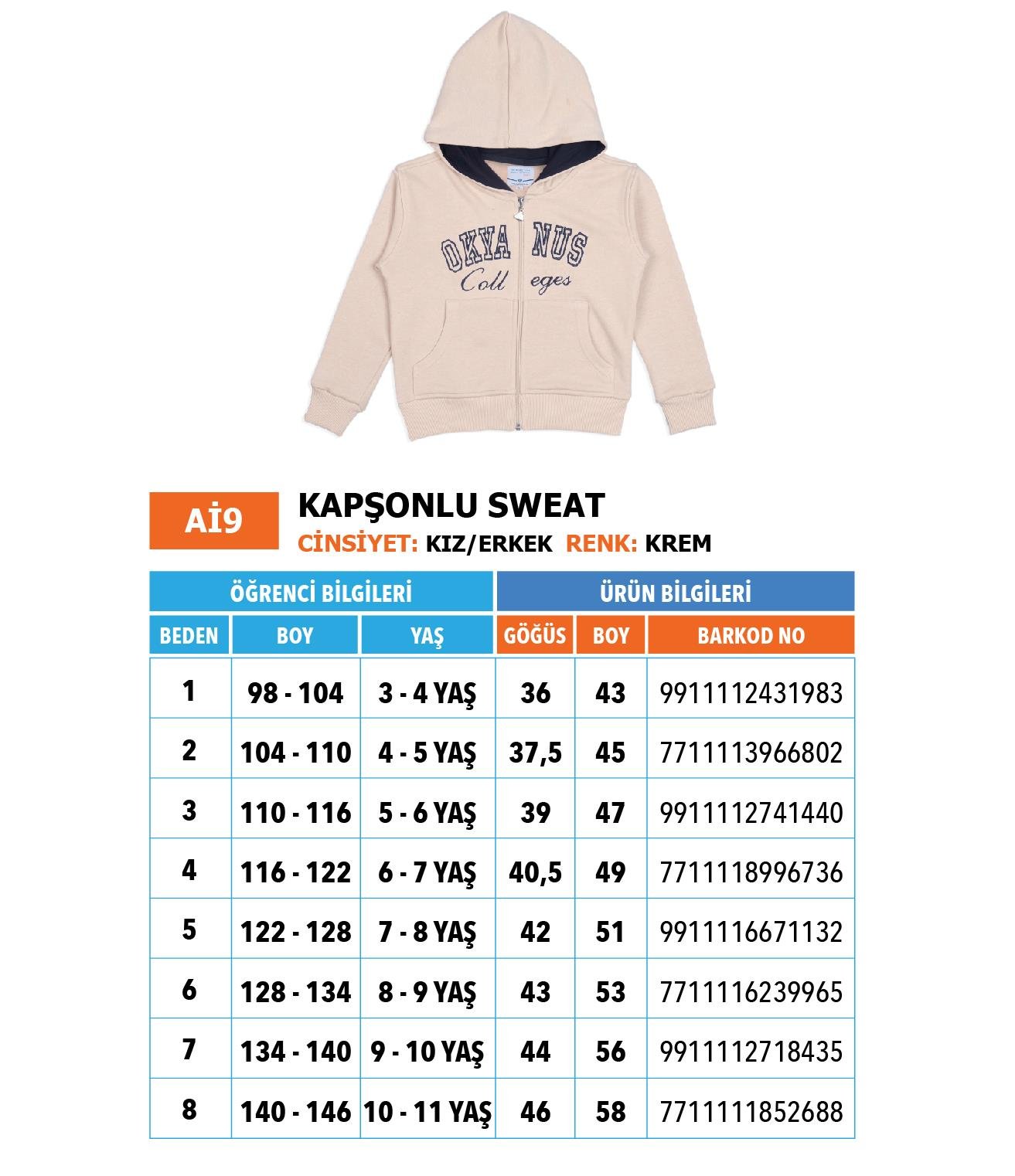 İlkokul Kapşonlu Sweatişört/ Fermuarlı/ Krem