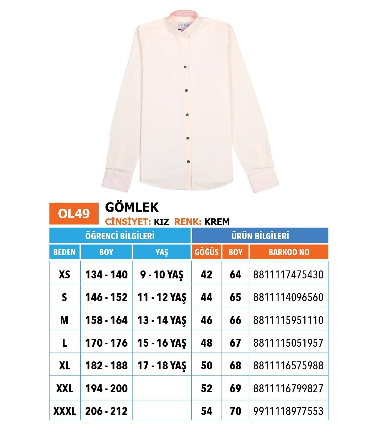 OO/Lise Lise Kız Gömlek/ Krem