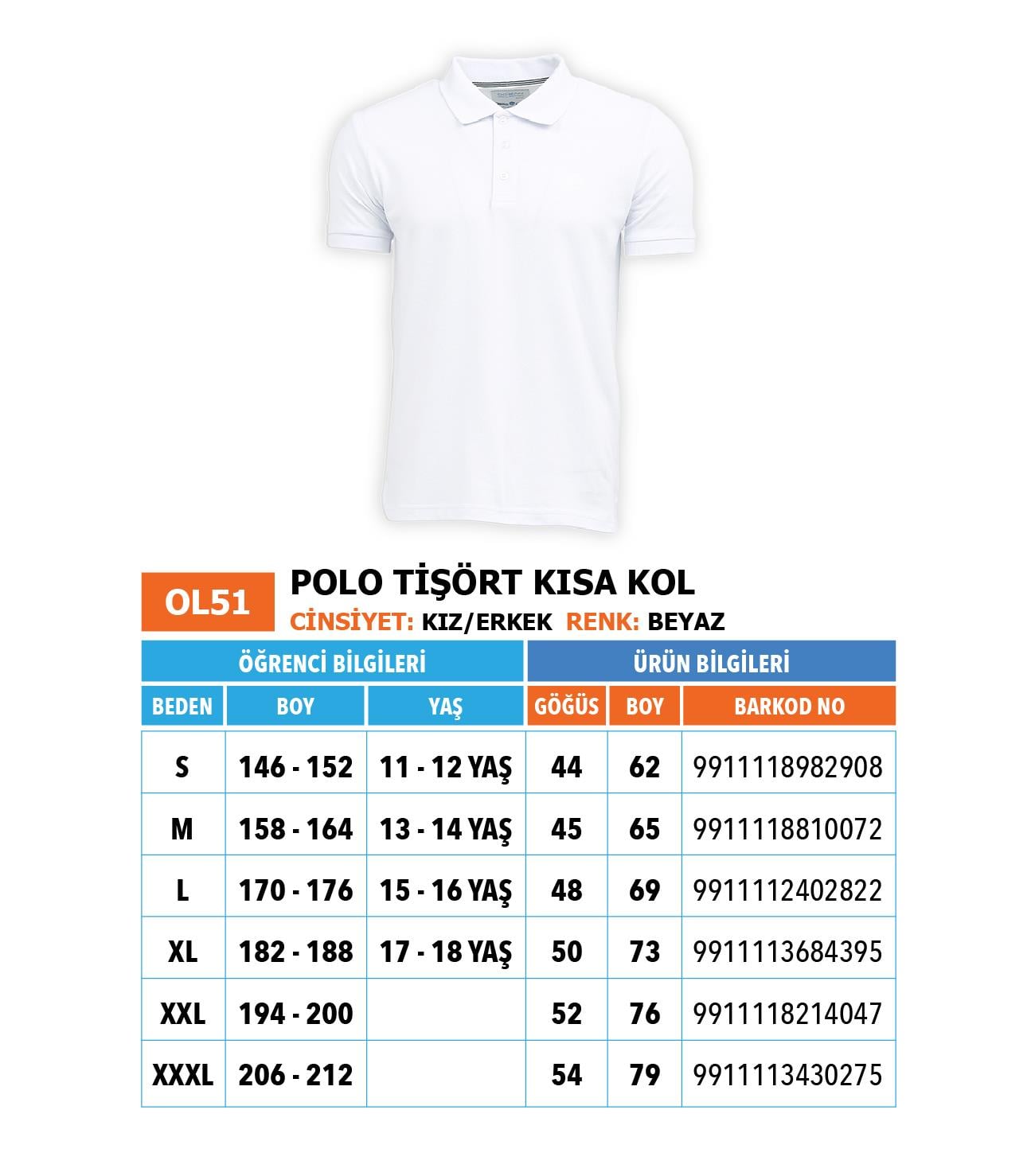 OO/Lise Tişört/ Polo Yaka/ Kısakol/ Beyaz