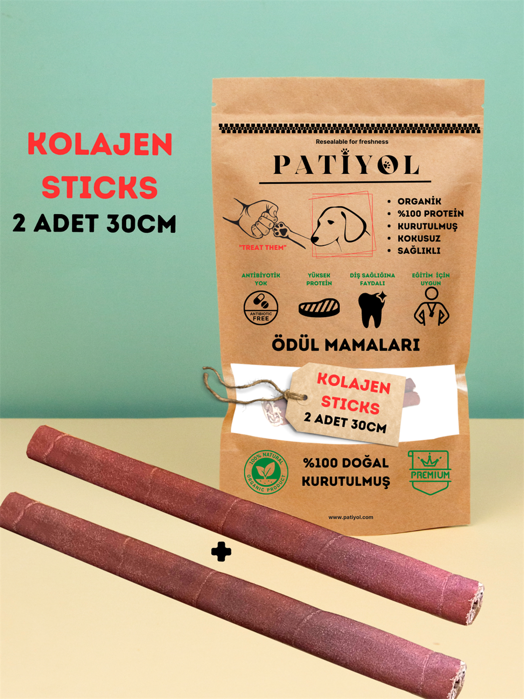 Patiyol Kolajen Çubukları 30 Cm %100 Doğal Köpek Ödül Maması,2 adet, Proteinli Kolajen Çubuk, Gurme Seri