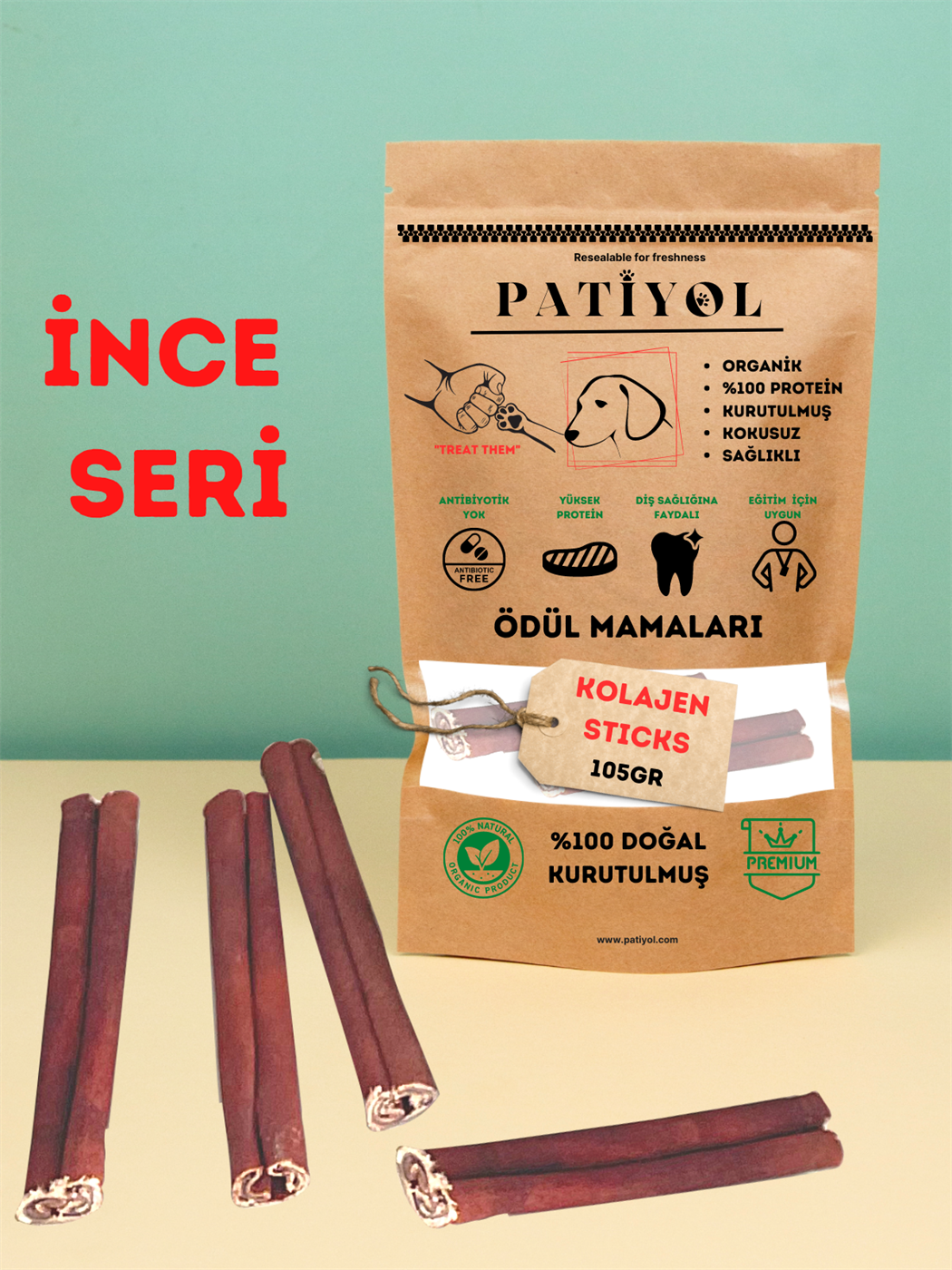 Patiyol Köpek Ödülü Kolajen Çubuklar, Doğal Kurutulmuş, Küçük Köpek Irkları için İnce, 105gr Protein