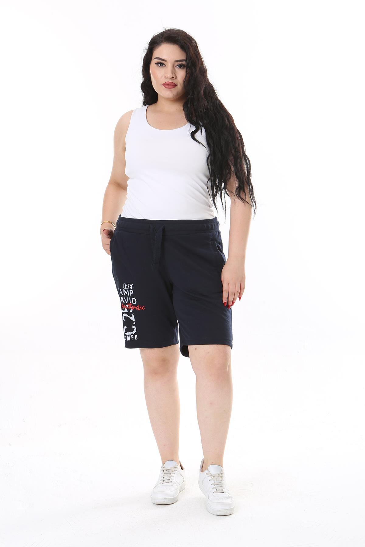 Kadın Büyük Beden Lacivert Beli Lastik Ve Bağcıklı Baskı Ve Cep Detaylı Şort 65N38129