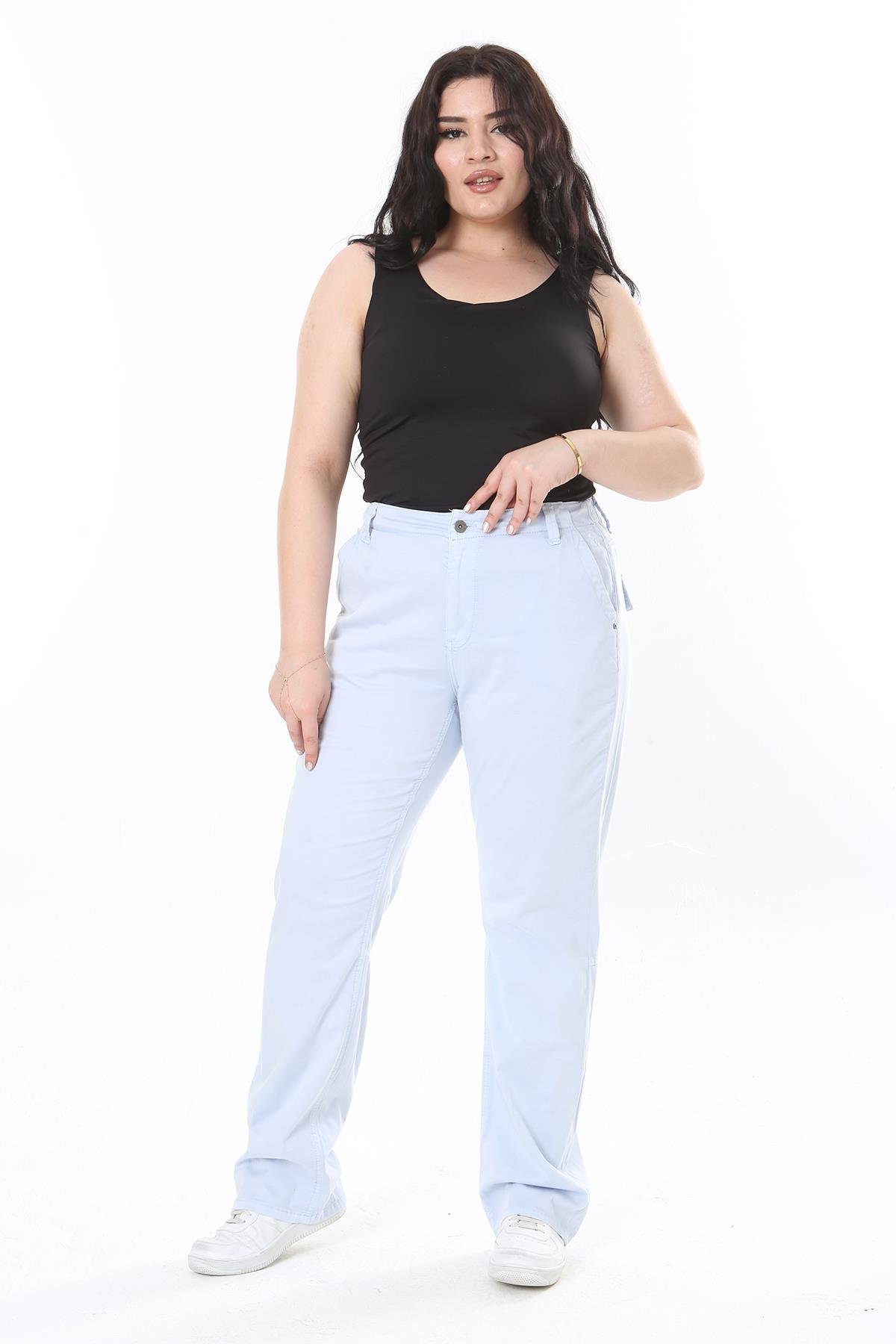 Kadın Büyük Beden Mavi Likralı Gabardin Kumaş Arka Beli Lastikli Pantolon 65N38100