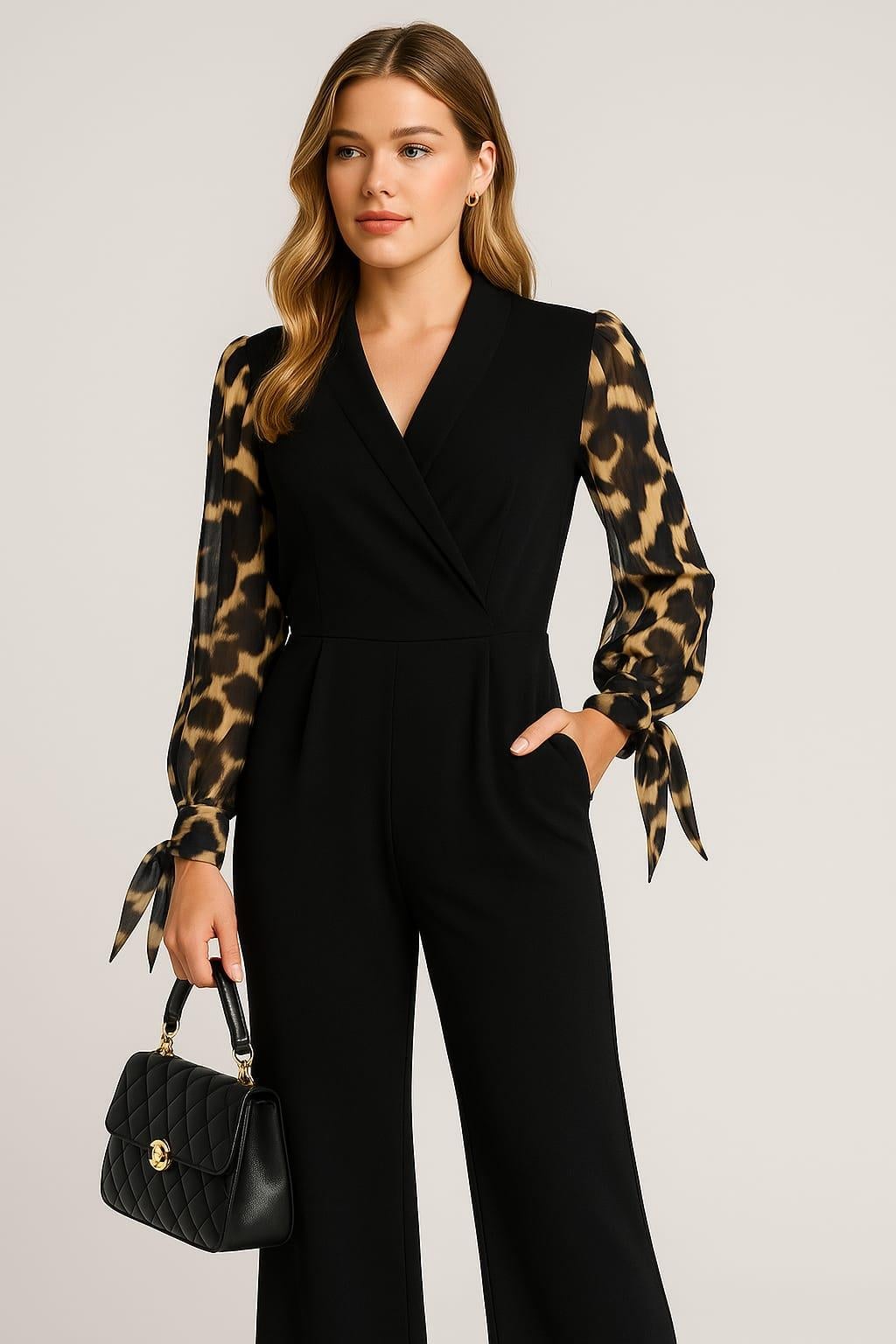 Kadın Büyük Beden Siyah, Anvelop Yaka, Kollar Şifon Kumaş Leopar Desenli, Cepli Tulum 65N39179