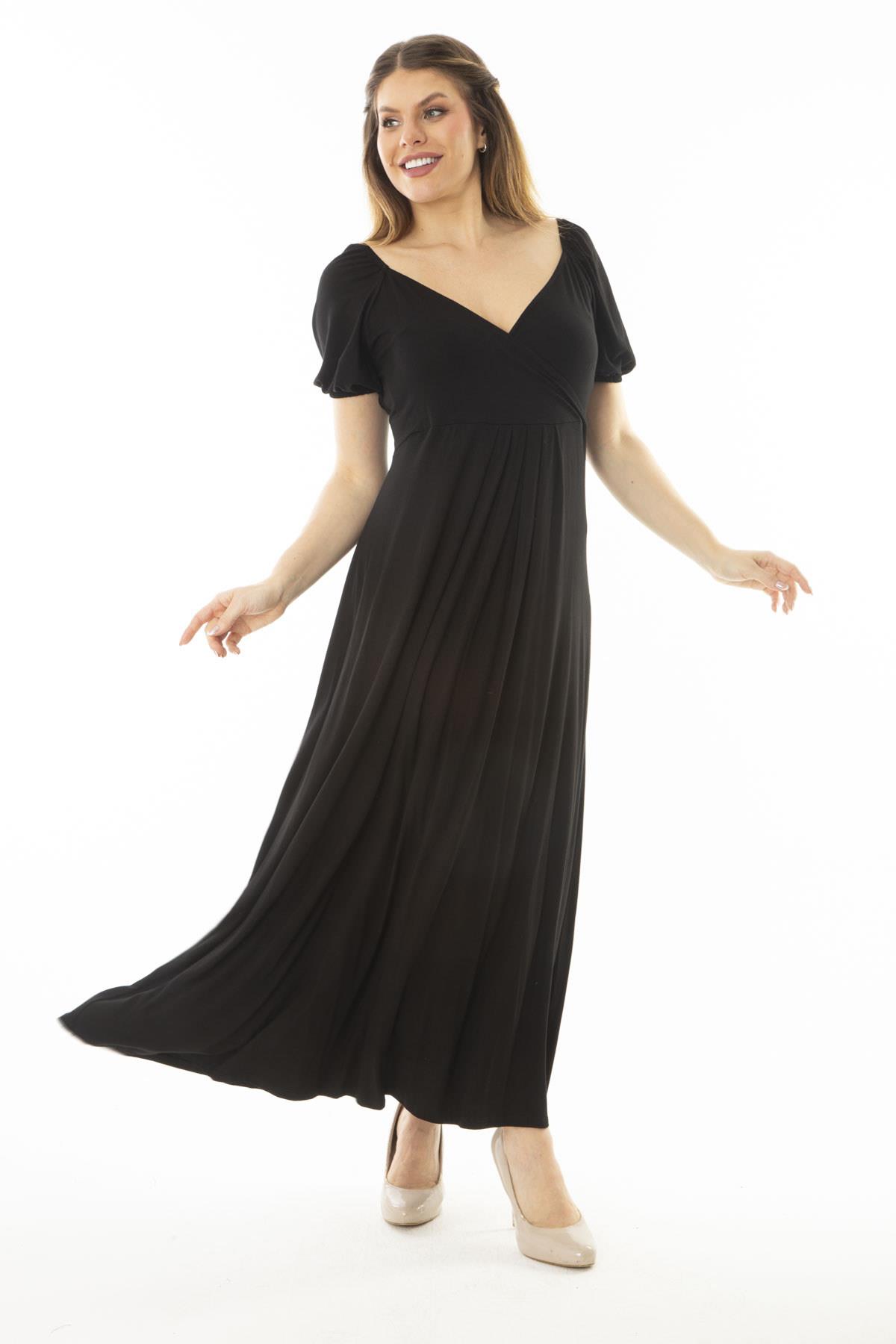 Kadın Büyük Beden Siyah Anvelop Yakalı Kol Ağzı Lastik Detaylı Uzun Elbise 65N37069