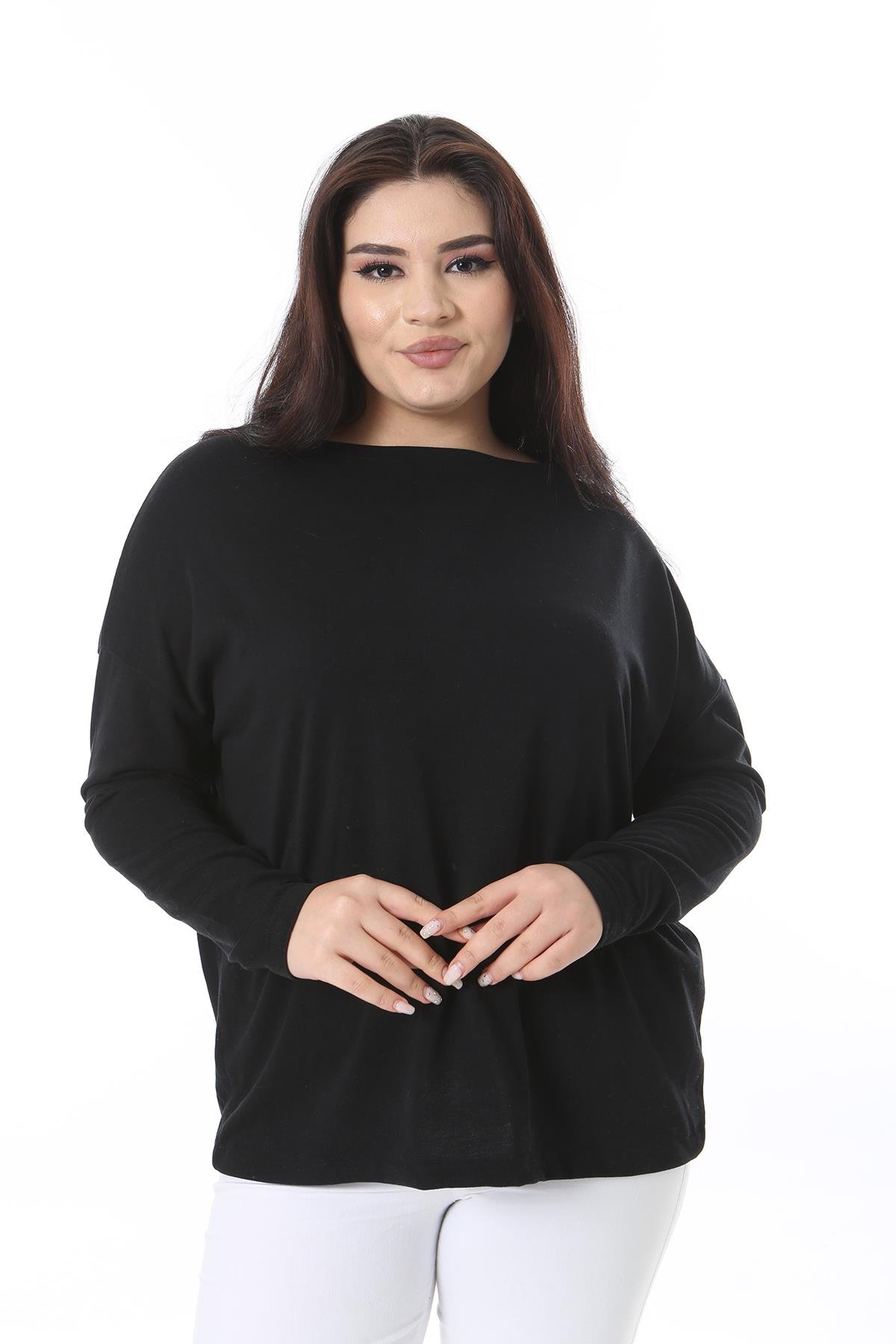 Kadın Büyük Beden Siyah Bisiklet Yakalı Uzun Kollu Bluz 65N38538