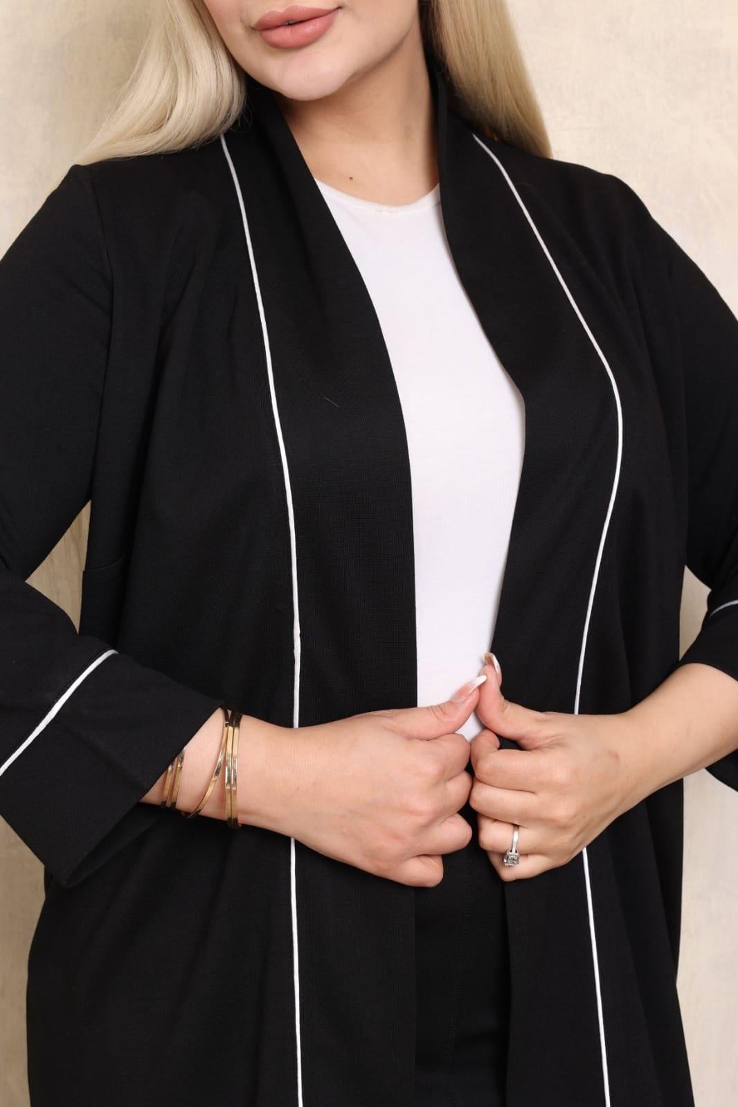 Kadın Büyük Beden Siyah Çelik Kumaş Biye Detaylı Hırka Pantolon Takım 65N38349