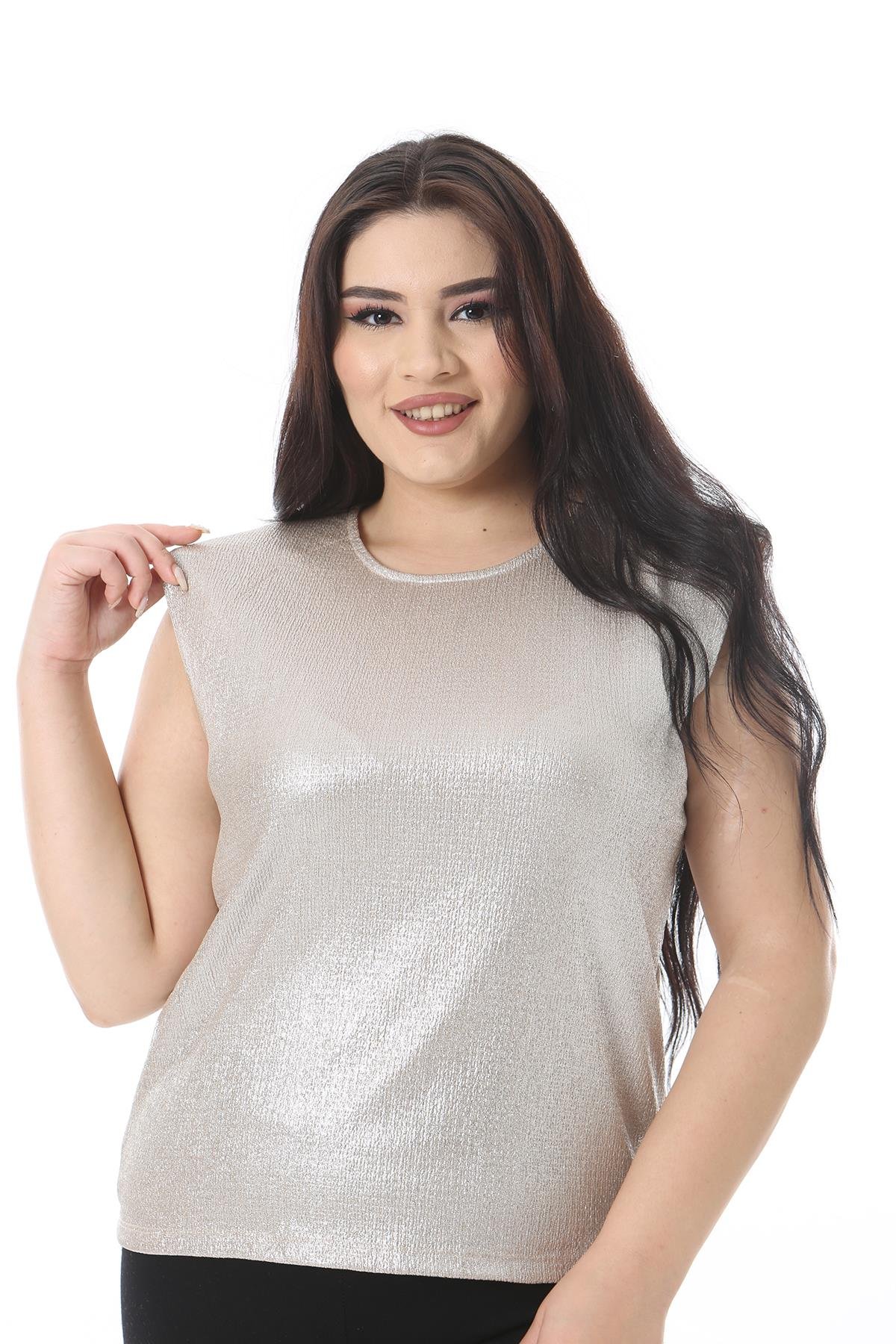 Kadın Büyük Beden Vizon Dore Kolsuz Likralı Bluz 65N38545
