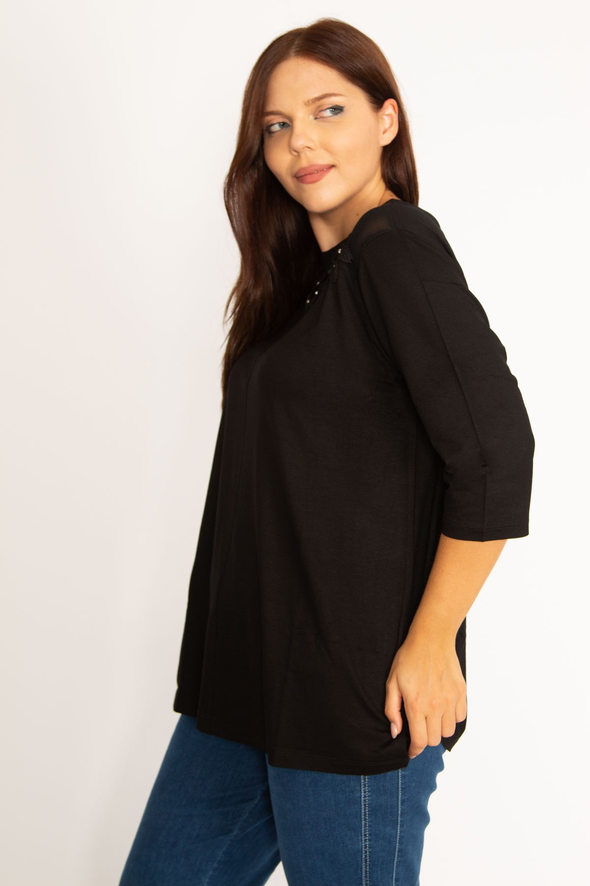 Kadın Mor Aplike Ve Tül Detaylı Bluz 65N34575