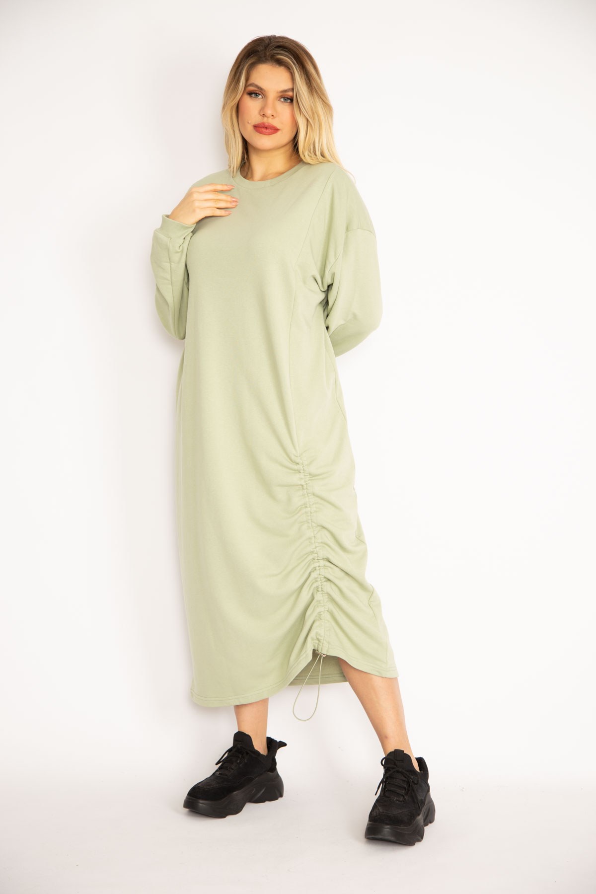 Kadın Siyah Büzgü Detaylı Sweatshirt Elbise 65N35043