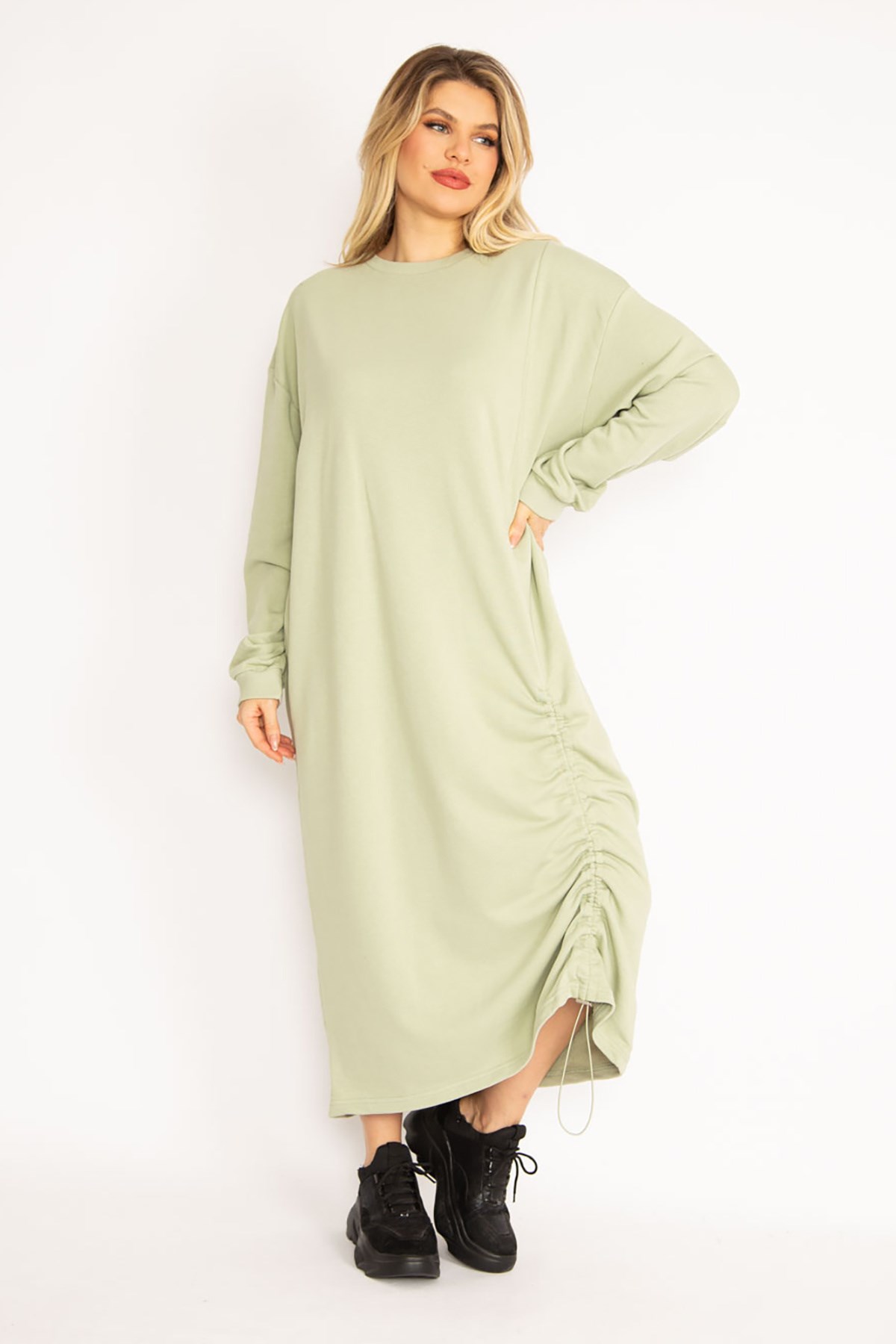 Kadın Siyah Büzgü Detaylı Sweatshirt Elbise 65N35043