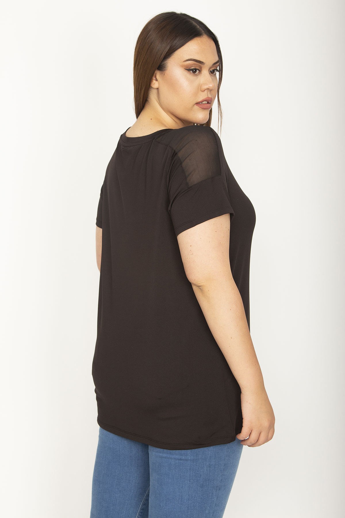 Kadın Siyah Omuzları Tül Detaylı Spor Bluz 65N26370