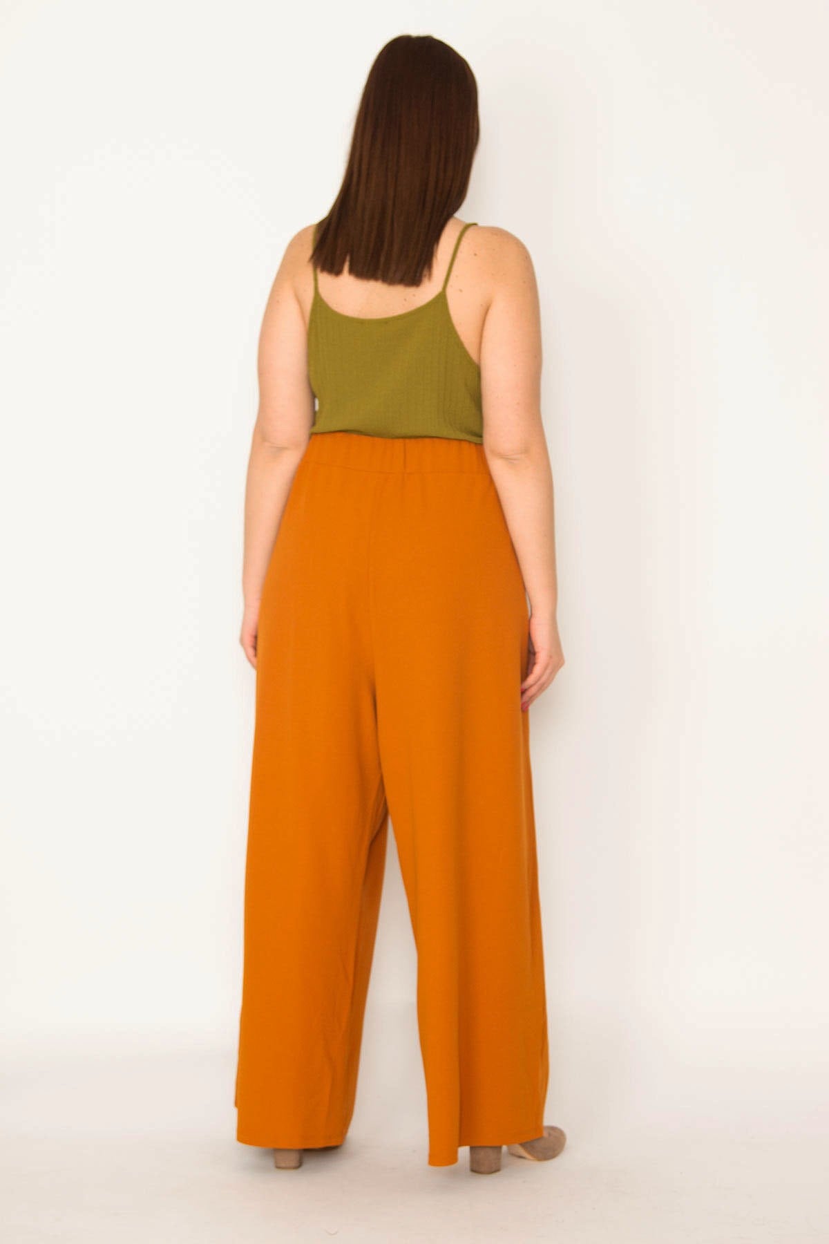 Kadın Taba Arka Kemer Lastikli Geniş Paçalı Krep Kumaş Pantolon 65N35411