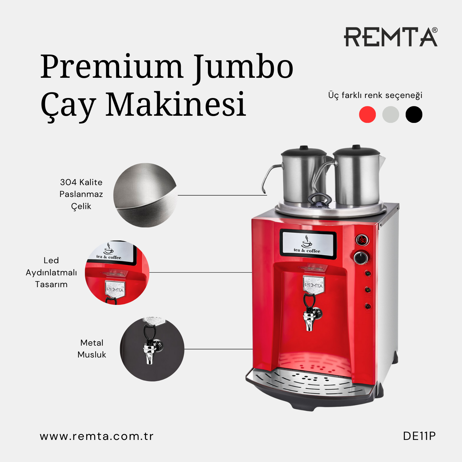 REMTA DE11P Premium Jumbo 2 Demlikli Elektrikli Çay Makinesi 23 LT