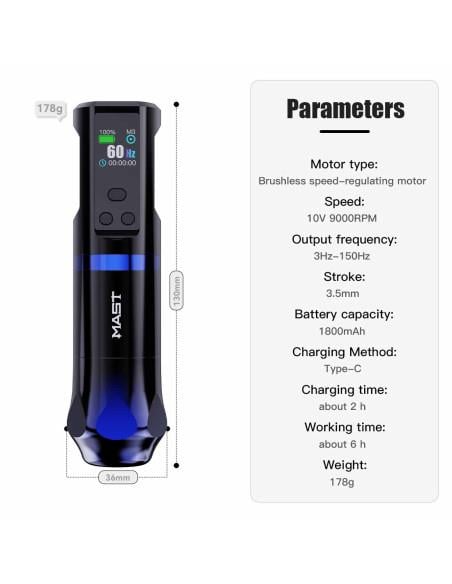 Mast Hertz Ayarlanabilir RPM Kablosuz Pen Dövme Makinesi