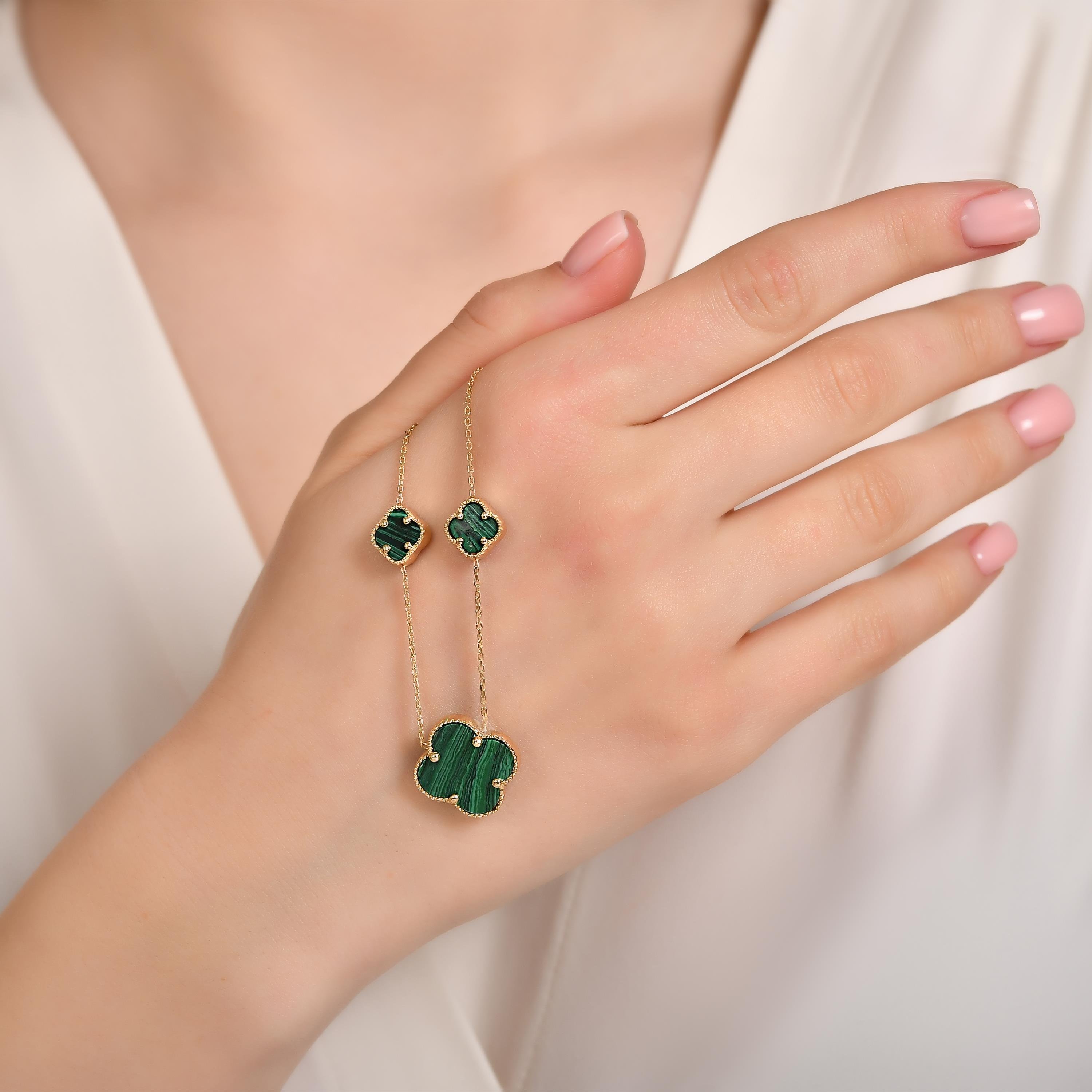 Van Cleef 3 Lü Yeşil Yonca 14 Ayar Altın Kolye