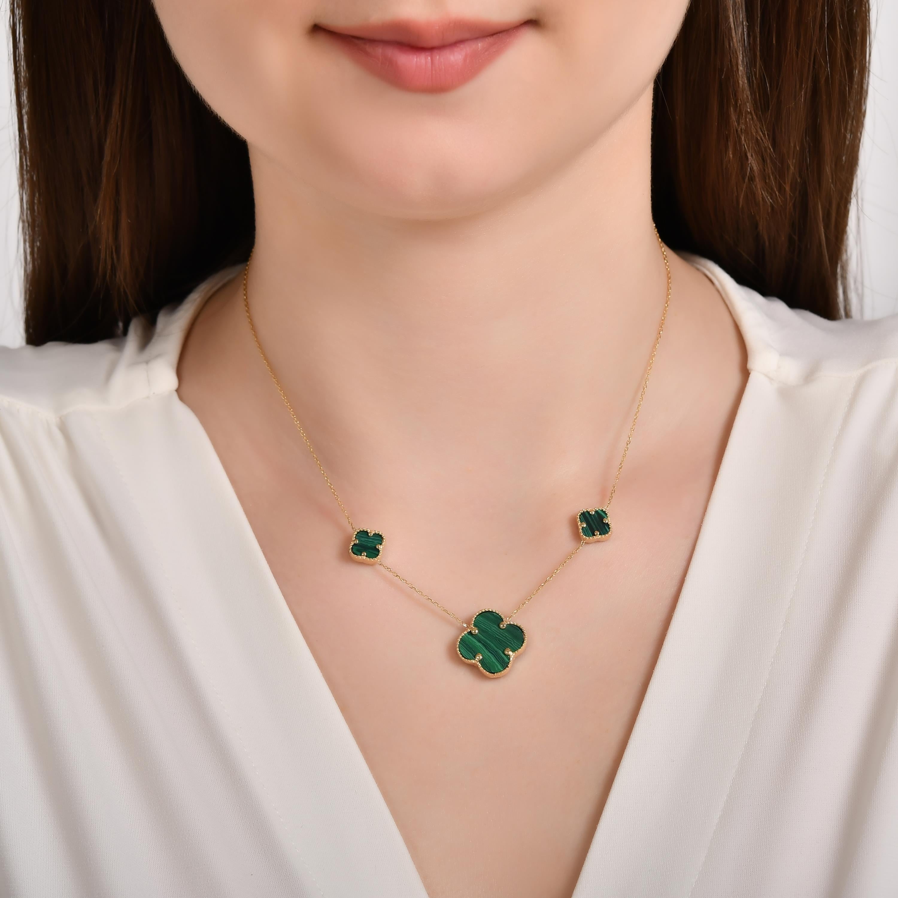 Van Cleef 3 Lü Yeşil Yonca 14 Ayar Altın Kolye