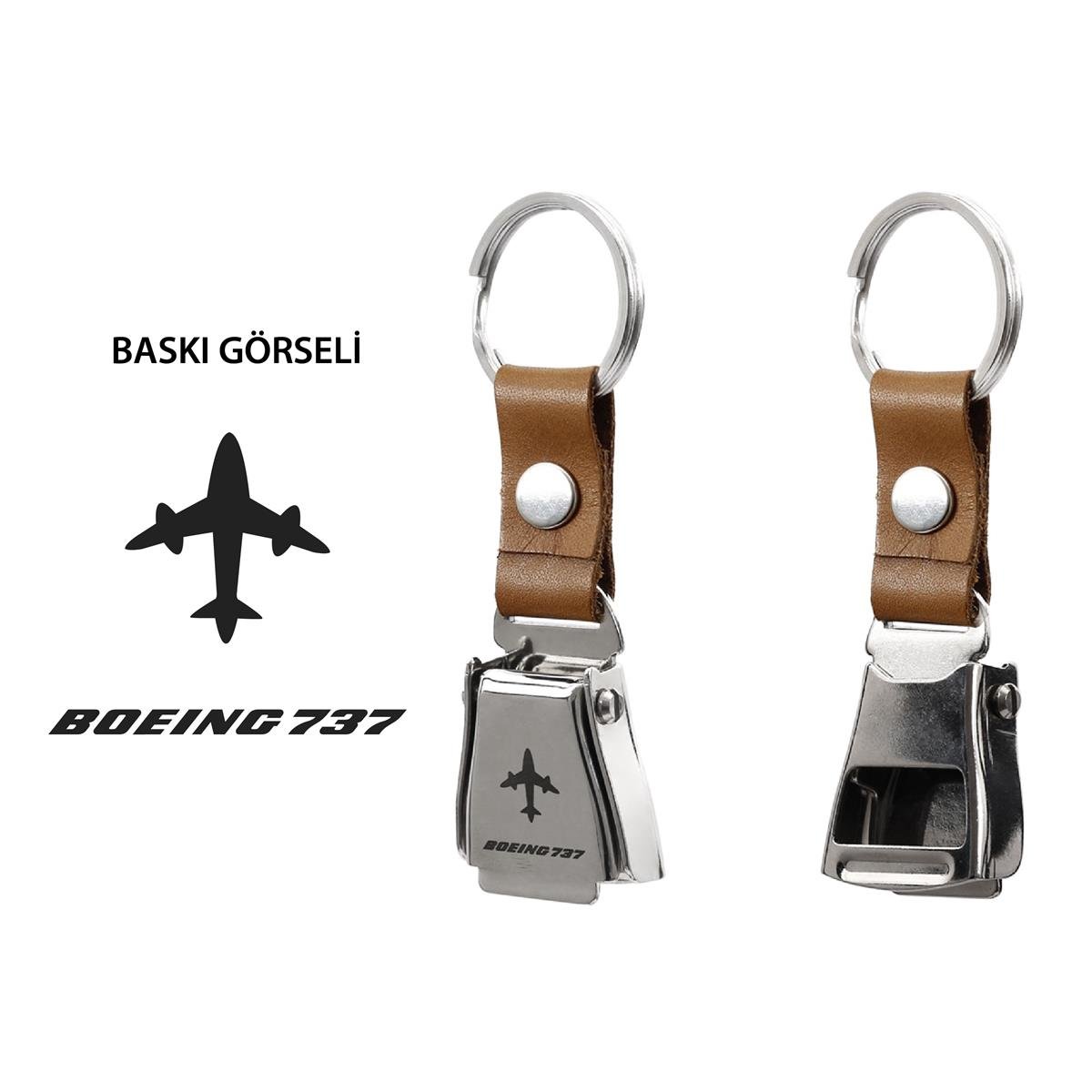 AKMR0004Zekupp Boeing 737 Uçak Modelli Emniyet Kemeri Anahtarlık Gümüş Renk, Dana Derisi Kırmızı Renk Havacılık Anahtarlık, Şişe Açacağı Özelliği