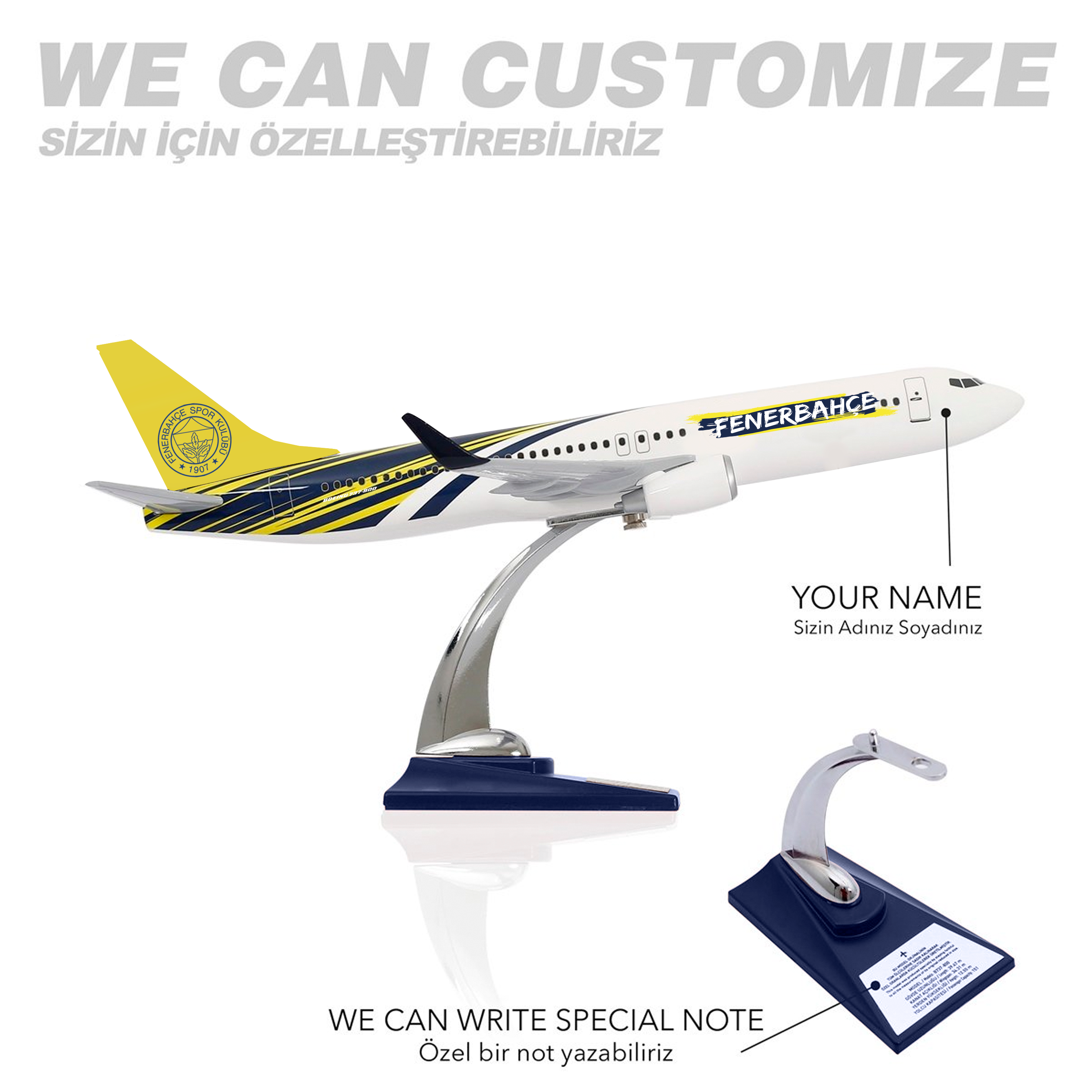 UCK0190Zekupp Boeing 737-800 1/100 Ölçek Fenerbahçe Lisanslı Tasarım Maket Uçak