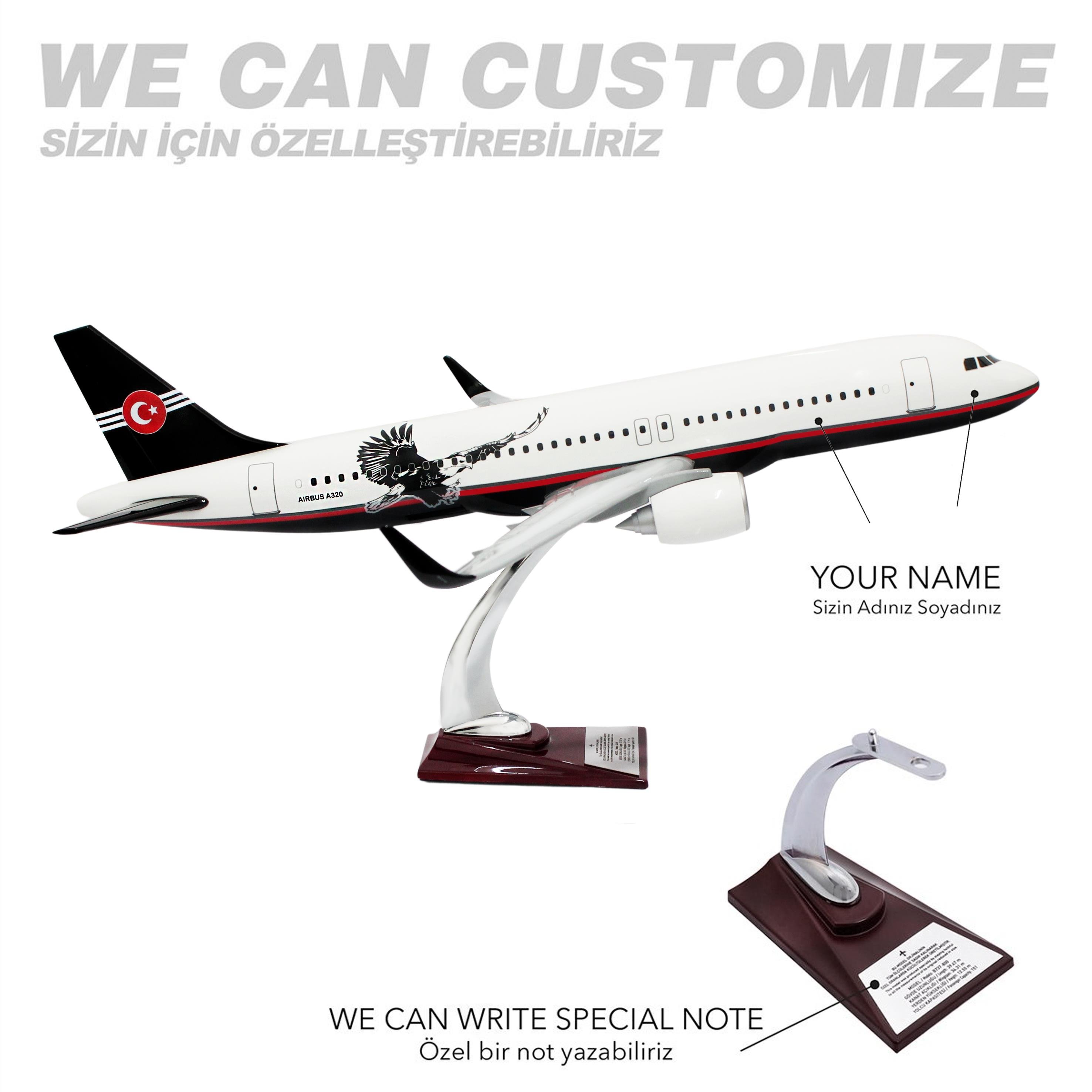 UCK0217Zekupp Airbus 320-200 1/60 Ölçek Siyah Beyaz Kartal Tasarım Keman Boy Maket Uçak