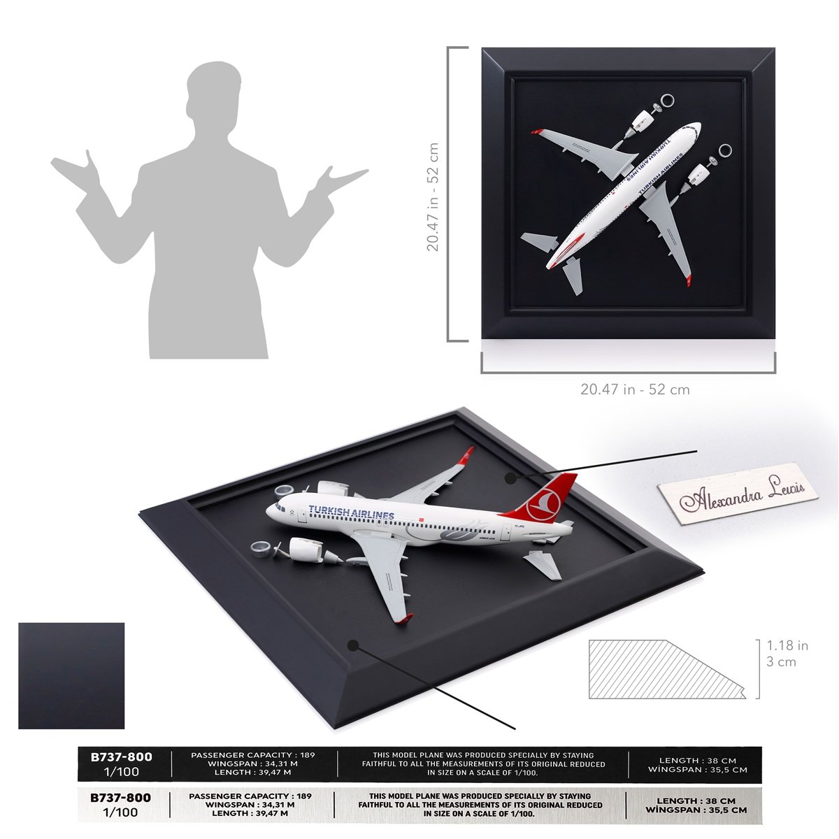 Zekupp Airbus A320 Model Uçak Tablo, Ahşap Duvar Dekorasyonu, 1/100 Ölçekli 3 Boyutlu Uçak Tablo, Özel Renk Seçenekli Özel El Yapımı Hediye