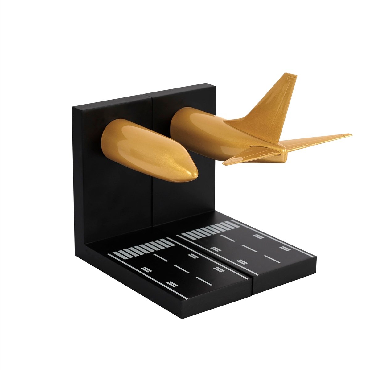 Zekupp Boeing 737 Altın Sarısı Uçak Motifli Kitap Sonu, 2 Parça Kitap Desteği, 1/100 Ölçekli Uçak Modelli Kitap Desteği, Ahşap 2 Parça