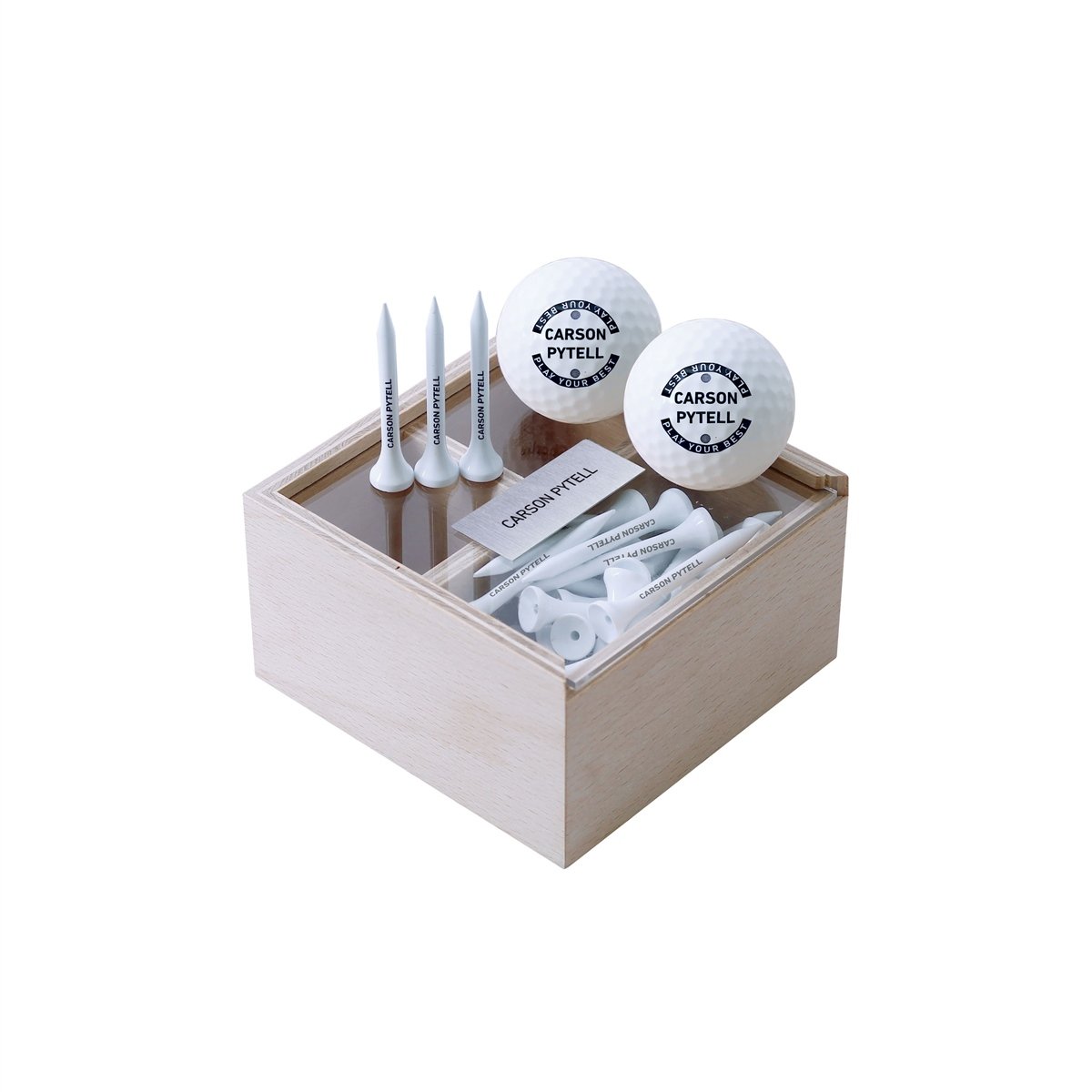 Zekupp Golf Severler İçin Profesyonel Ahşap Kutulu Golf Seti, 2 Gerçek Golf Topu ve 50 Adet Tee, İsim Baskılı, Tee, Golf Aksesuarları