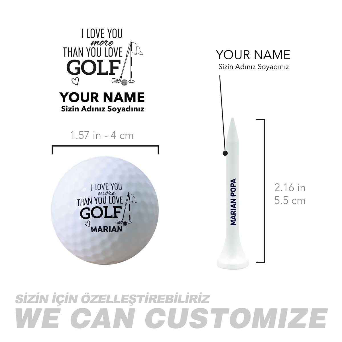 Zekupp Golf Severler İçin Profesyonel Ahşap Kutulu Golf Seti, 2 Gerçek Golf Topu ve 50 Adet Tee, İsim Baskılı, Tee, Golf Aksesuarları