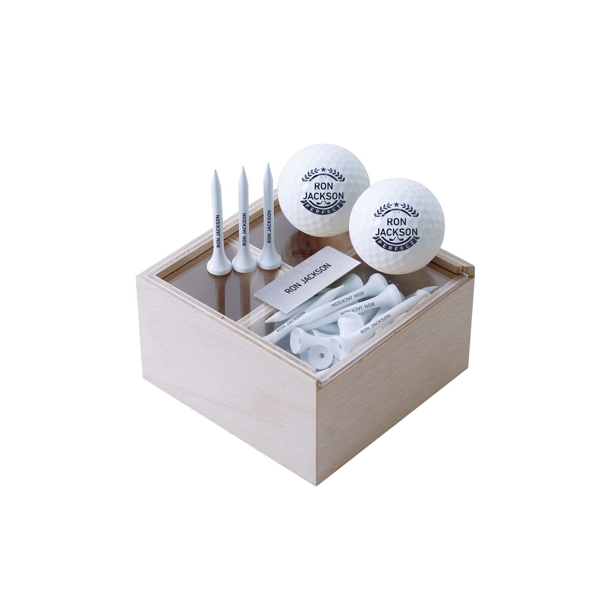 Zekupp Golf Severler İçin Profesyonel Ahşap Kutulu Golf Seti, 2 Gerçek Golf Topu ve 50 Adet Tee, İsim Baskılı, Tee, Golf Aksesuarları