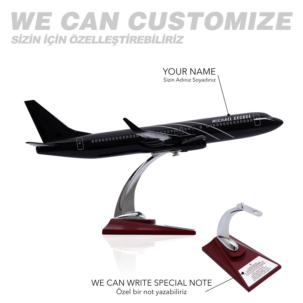 Zekupp - Maket Uçak - Boeing 737-800 1/100 - SİYAH ÖZEL TASARIM Model Uçak