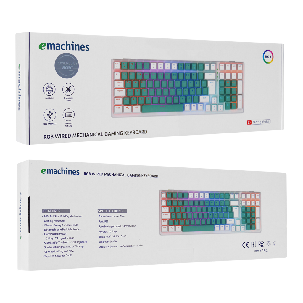 ACER eMachines, EAK100, Yeşil/Beyaz, USB Kablolu, RGB Backlight, RED Switch, Mekanik, Türkçe Q, 100 Tuşlu, Gaming Klavye