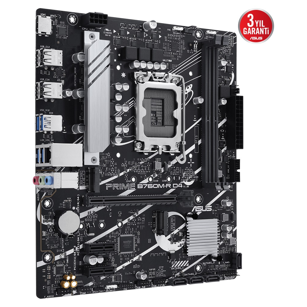 ASUS PRIME B760M-R D4, 2xDDR4, 2x M.2, HDMI, 12-13-14.Nesil, LGA1700 Soket, Anakart