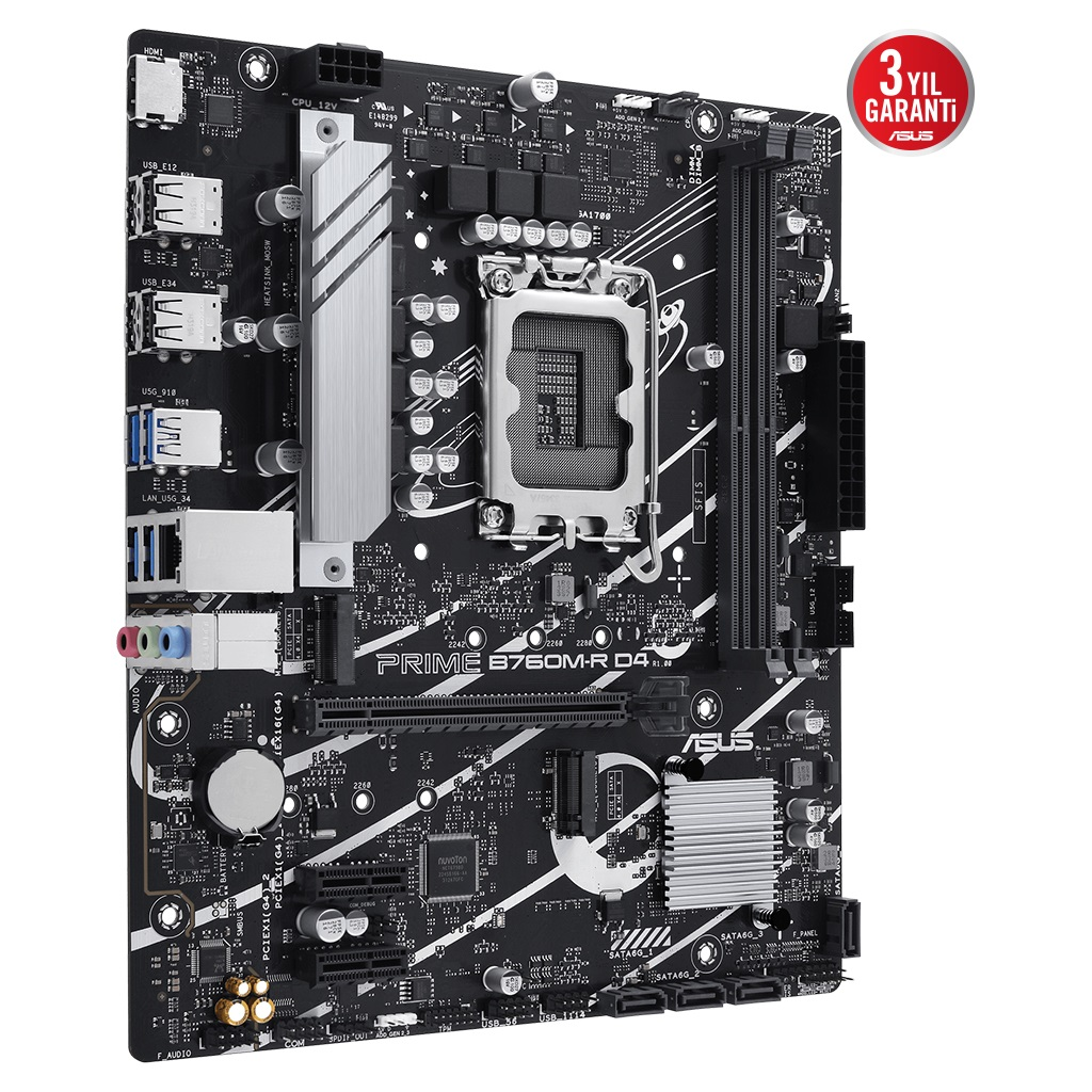 ASUS PRIME B760M-R D4, 2xDDR4, 2x M.2, HDMI, 12-13-14.Nesil, LGA1700 Soket, Anakart