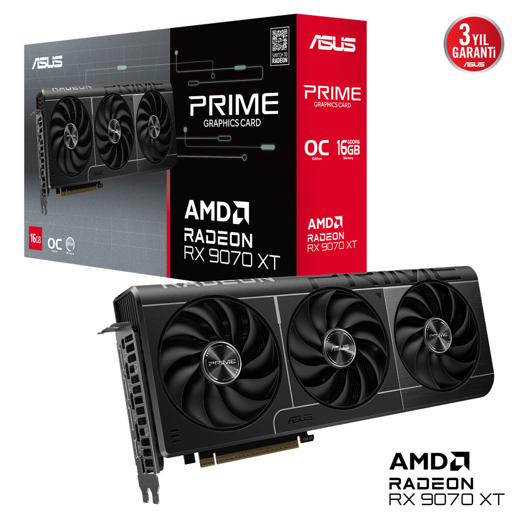 ASUS PRIME-RX9070XT-O16G, 16Gb, 256Bit, GDDR6, 1xHDMI, 3xDP, GAMING Ekran Kartı